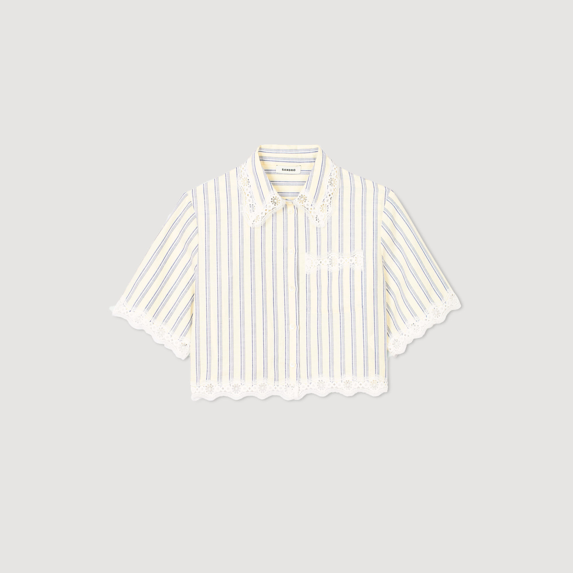 Sandro - SANDRO 刺繍フリル襟ホワイトシャツ フランス パリ製 Striped rhinestone shirt pink For Women | Sandro Paris
