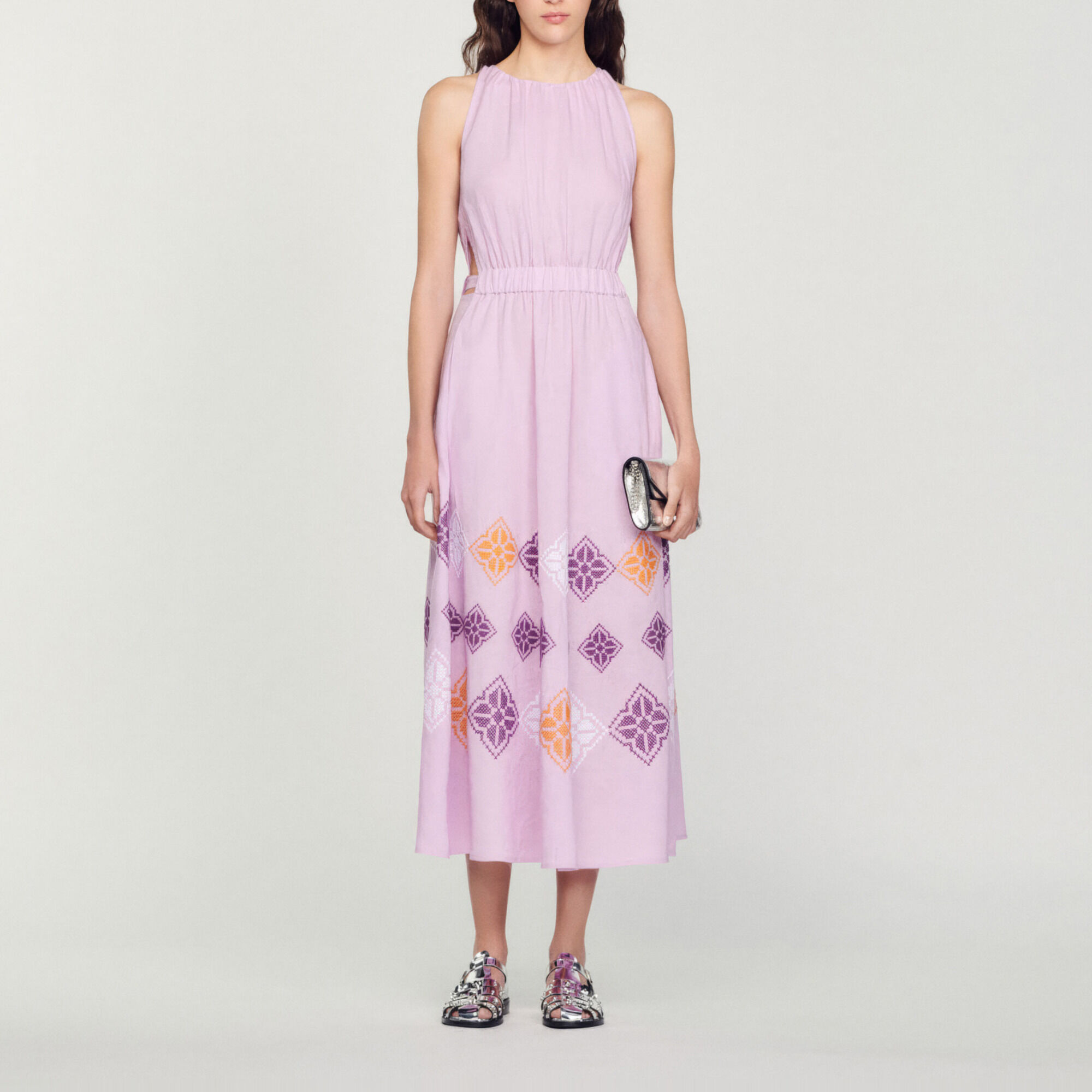 Long embroidered linen dress Purple Women Sandro Paris