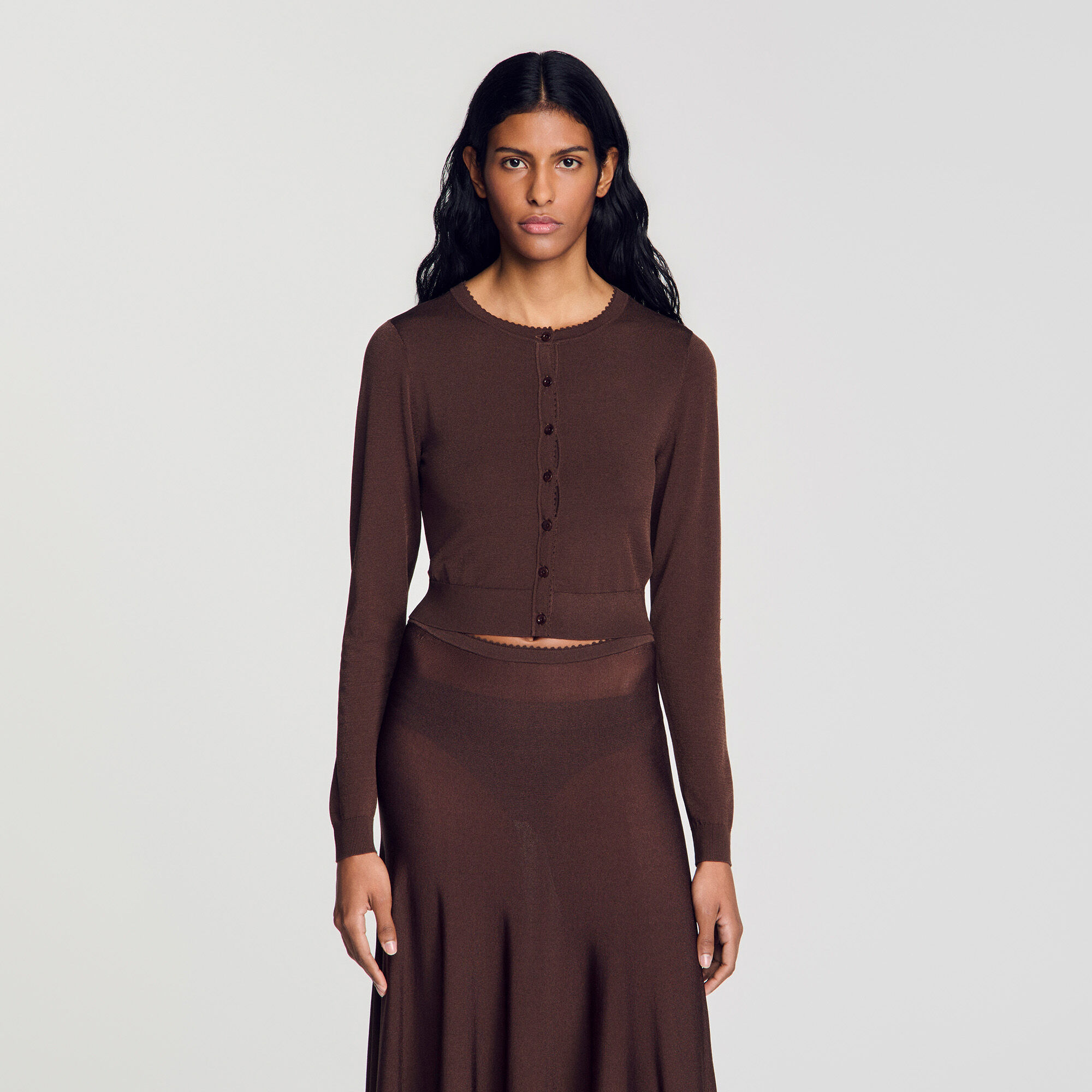Sheer knit cardigan brown For Women | Sandro Paris
