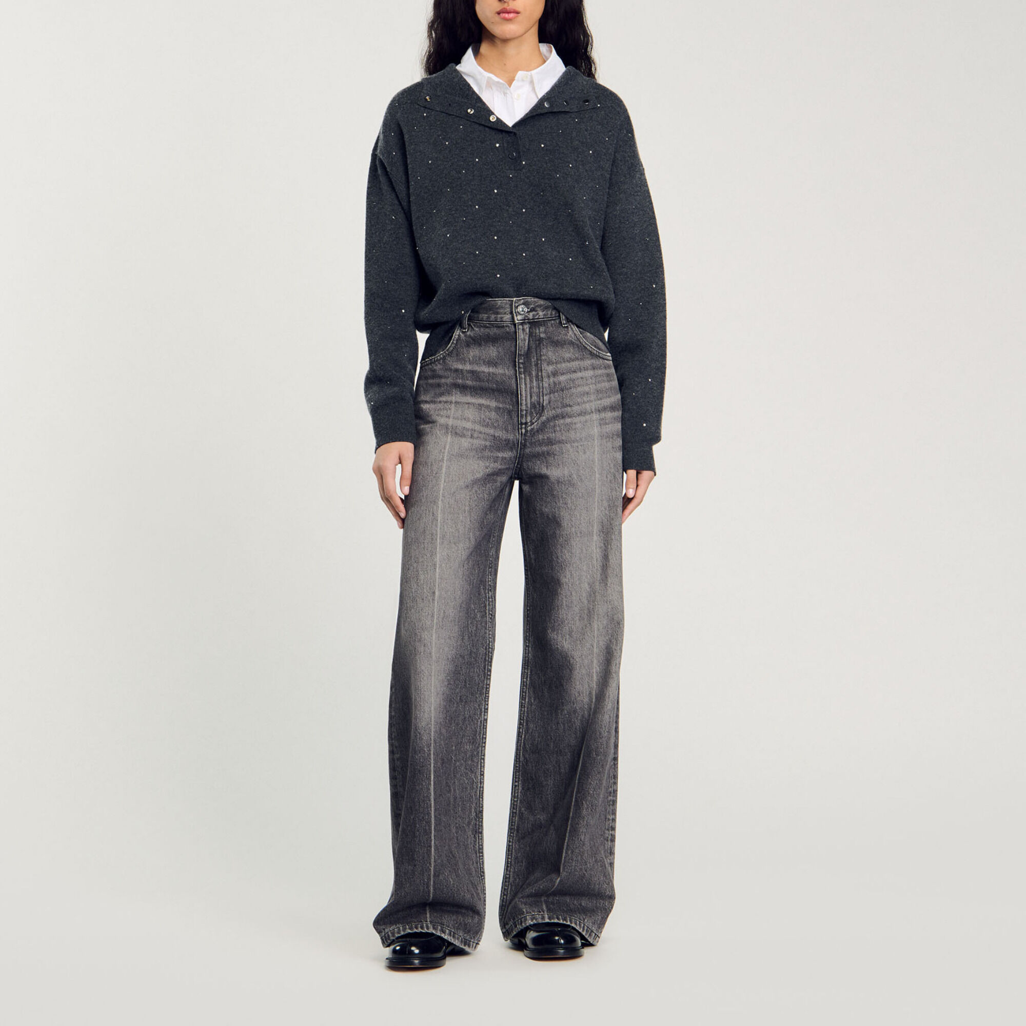 トップス SANDRO PARIS LOUANE SWEATER sweater with denim collar blue For Women | Sandro Paris