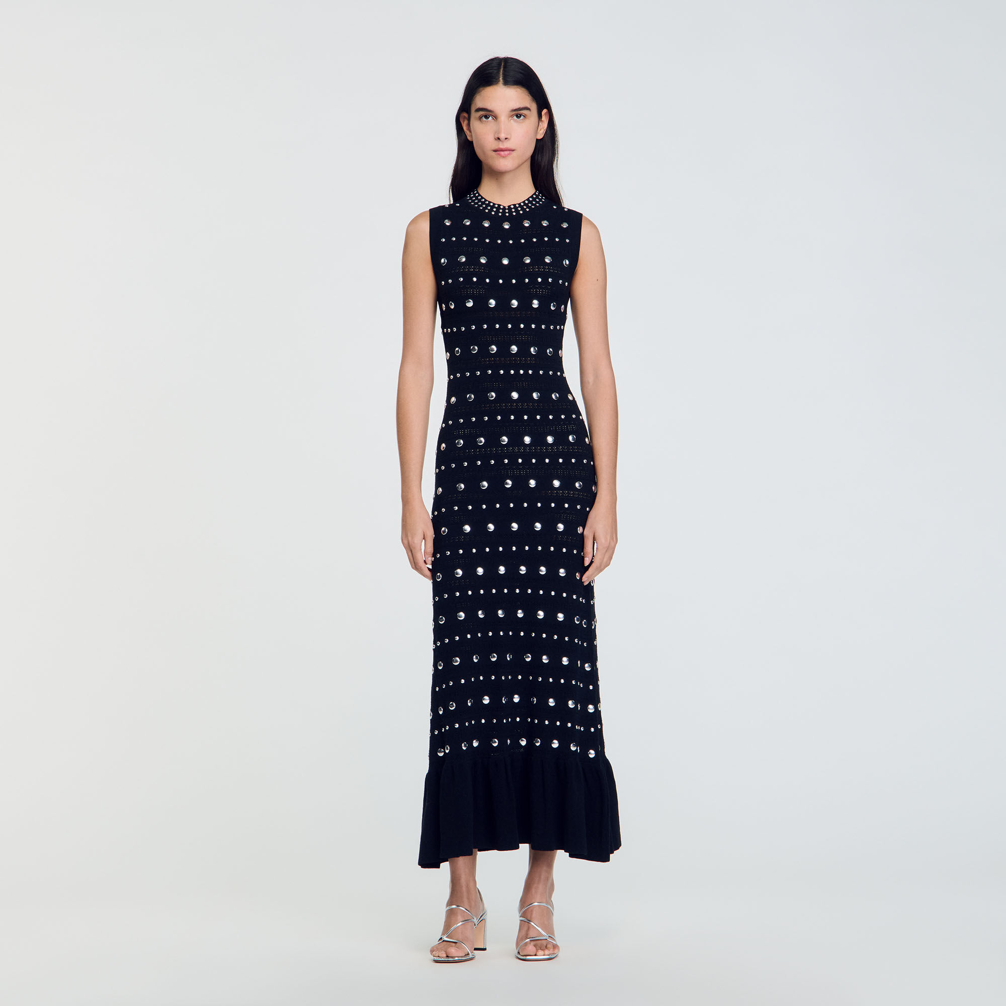 【SANDRO】Knit Maxi Dress with Studs Knit maxi dress with studs black / gray For Women | Sandro Paris