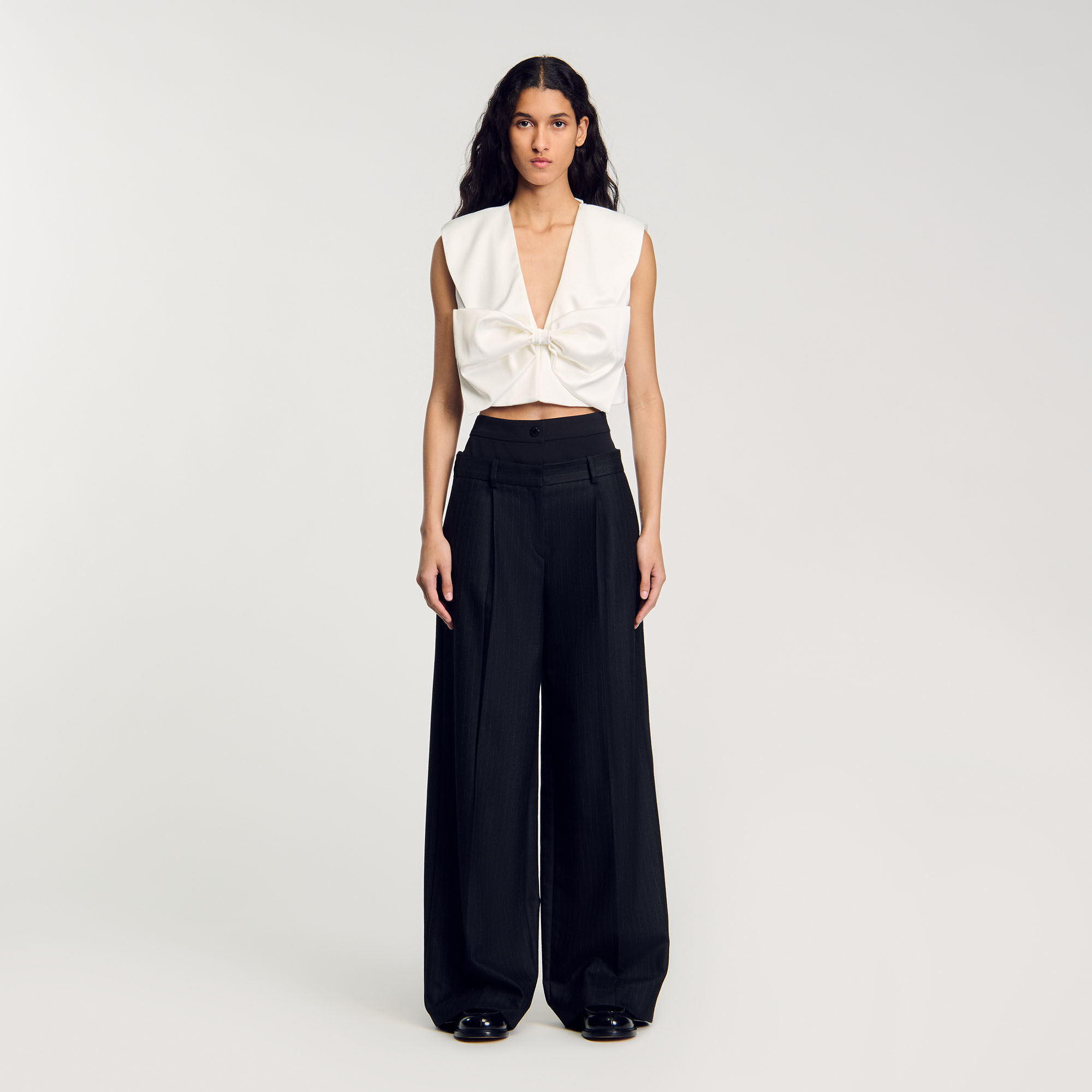 Striped double waistband trousers