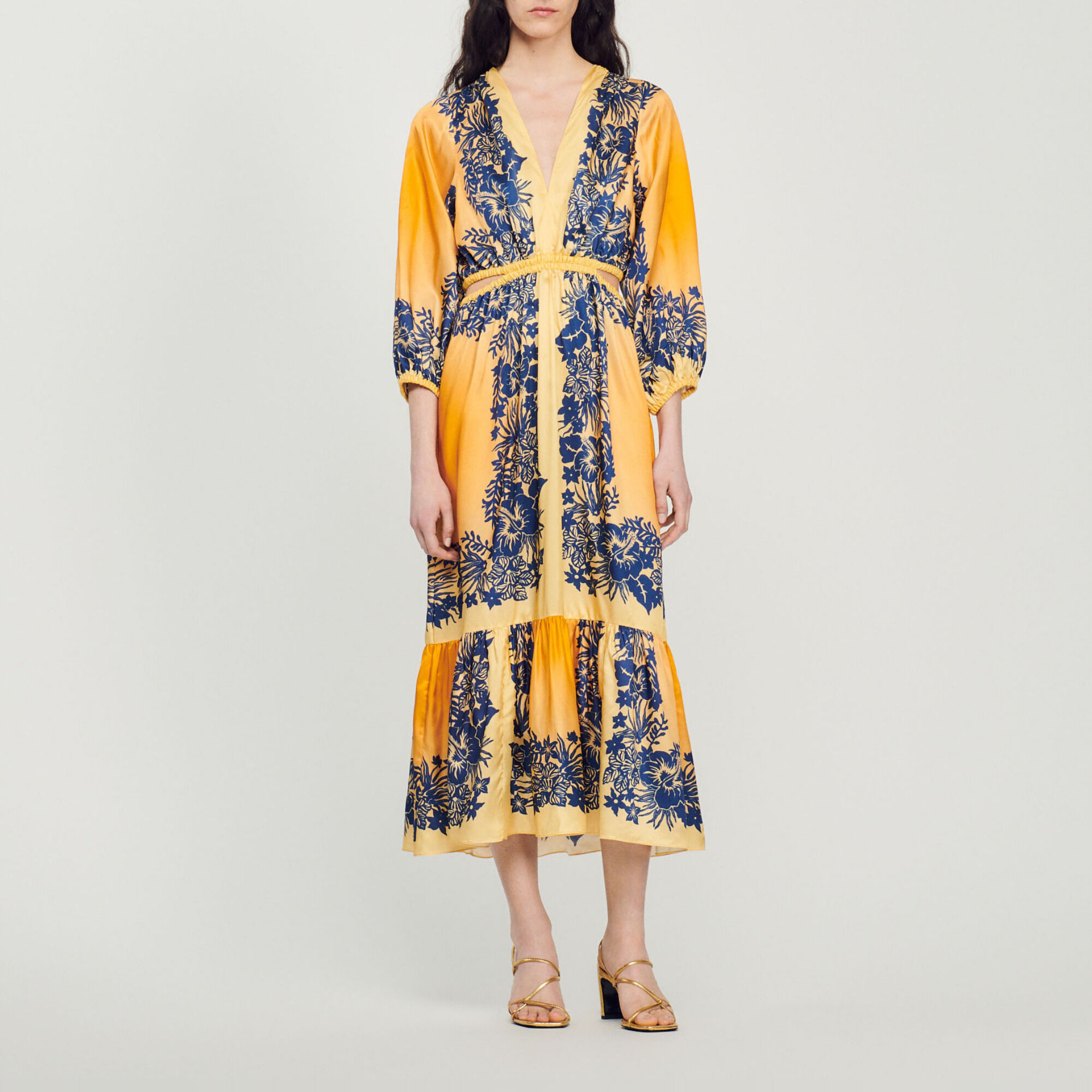 Long Hawaii print dress yellow orange For Women Sandro Paris