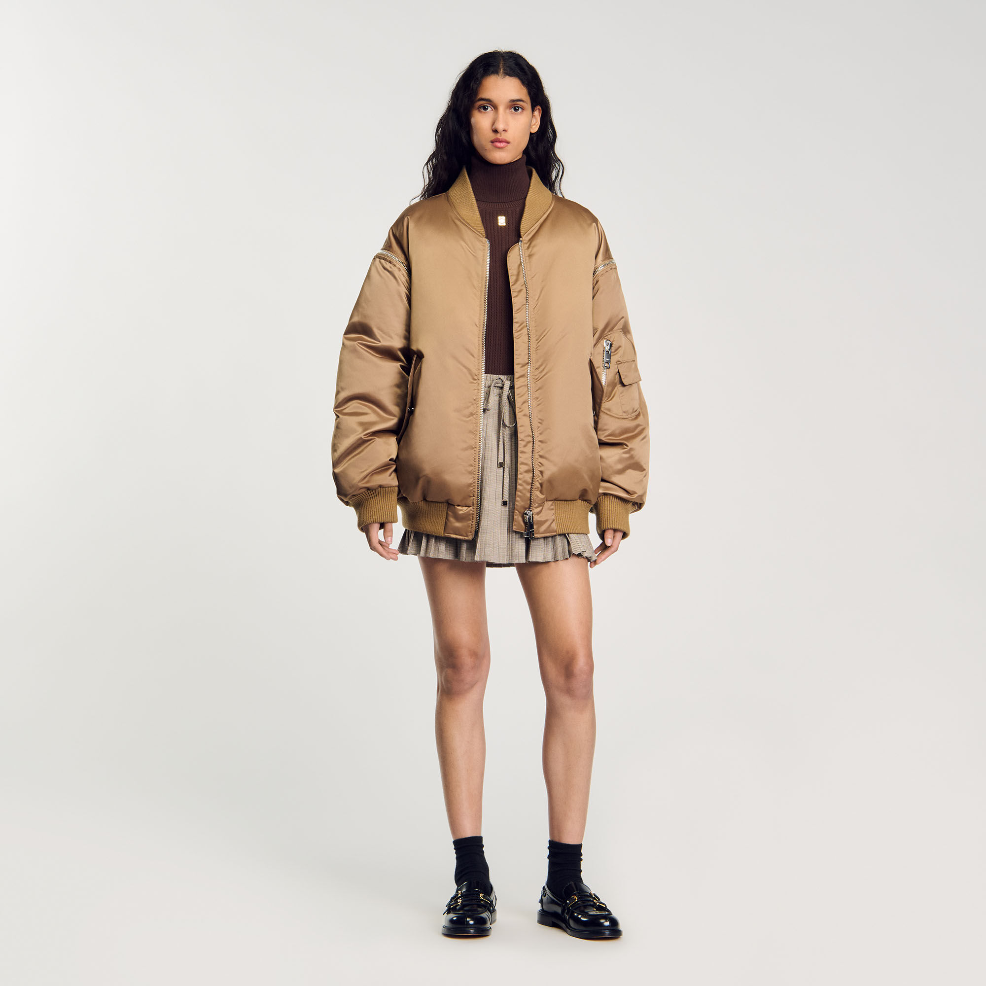 Satin look bomber jacket white beige For Women Sandro Paris