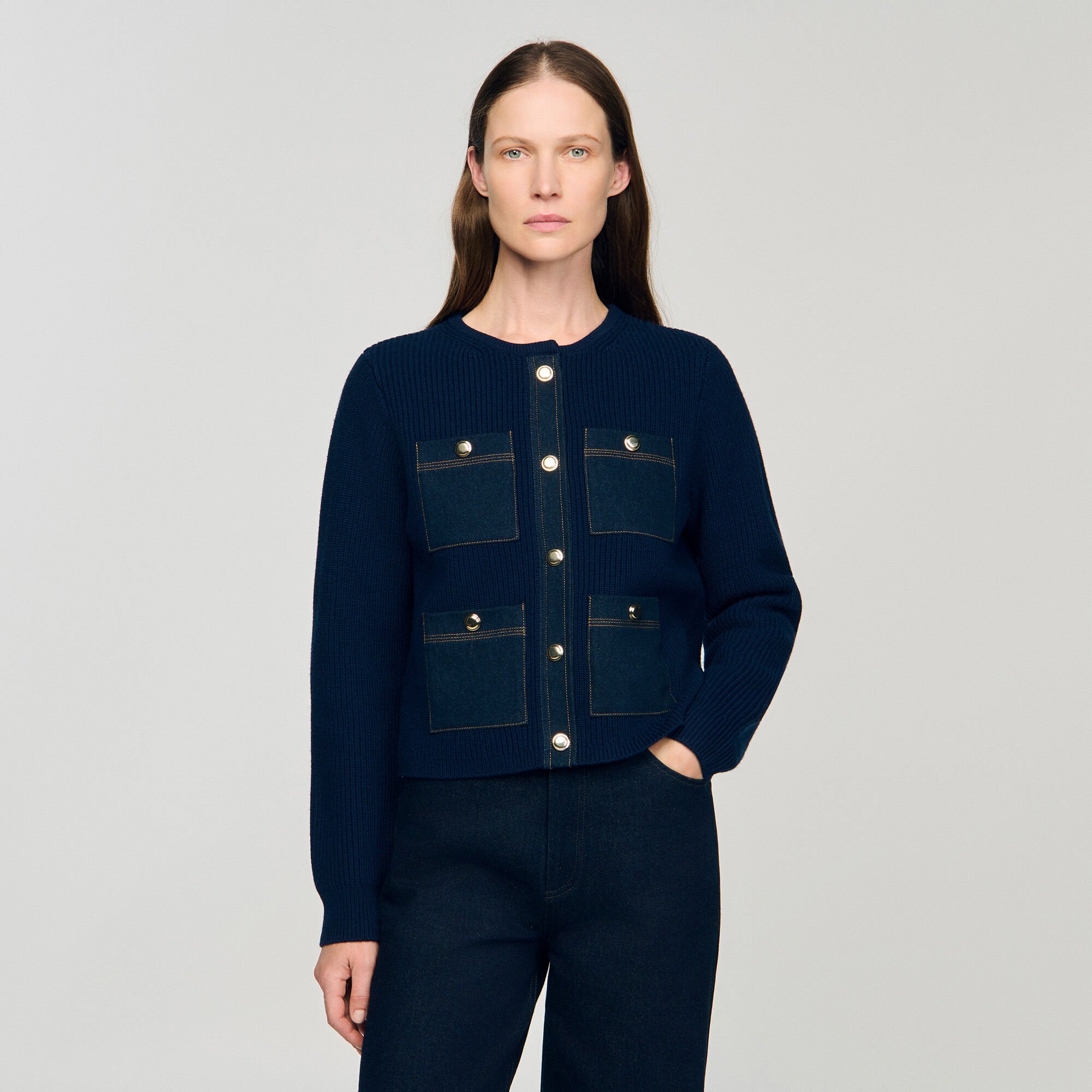 Cardigan with denim details blue For Women | Sandro Paris