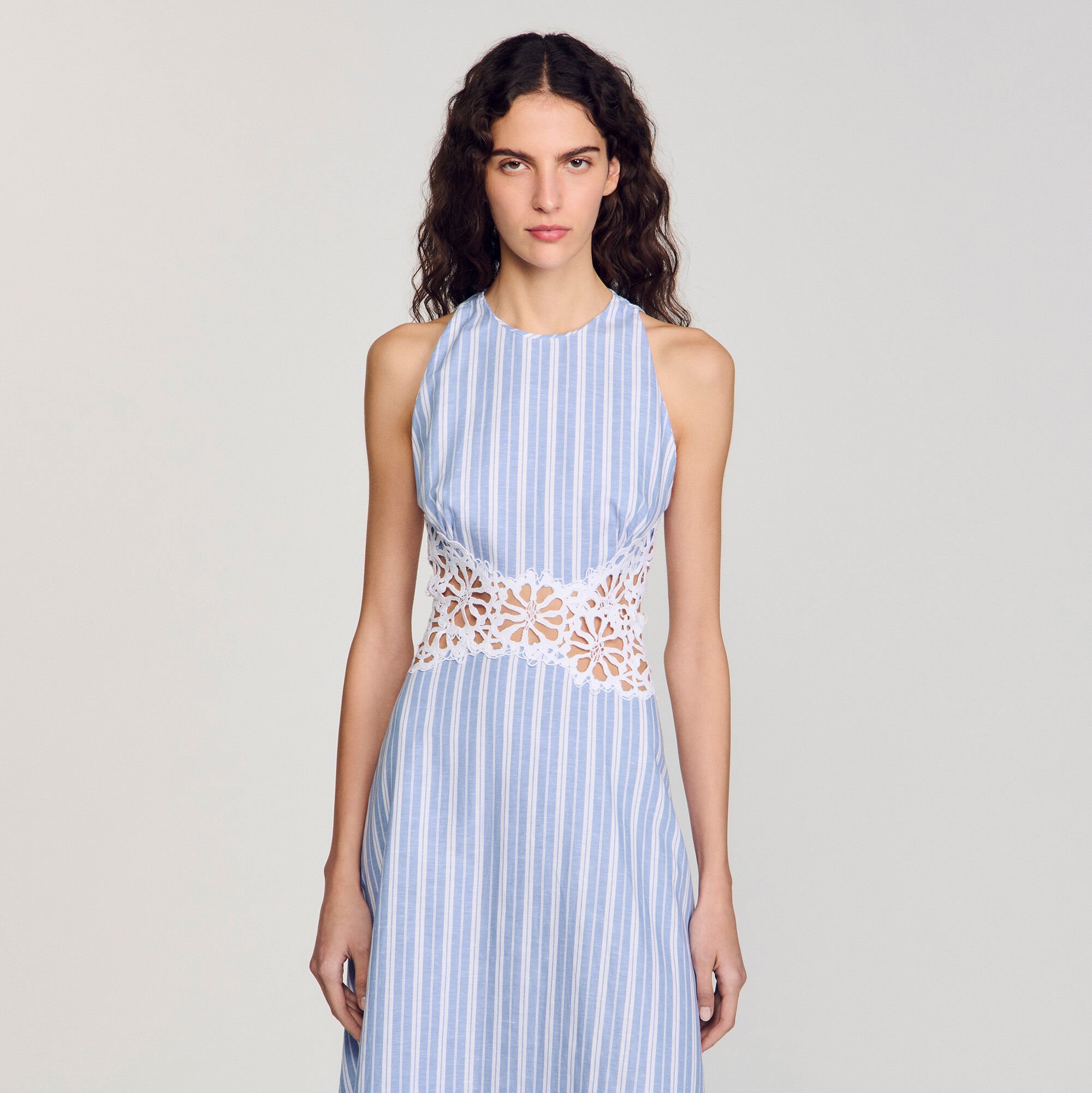 Striped maxi dress with lace blue For Women | Sandro Paris