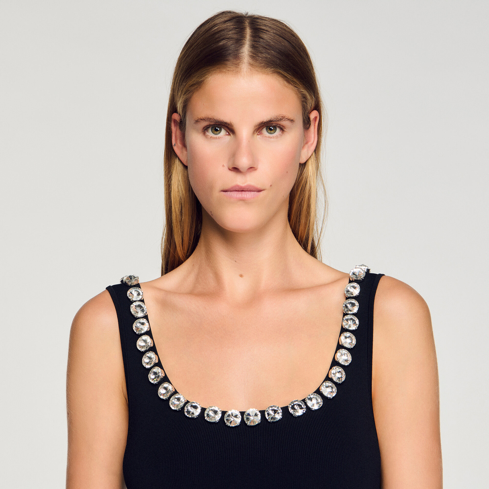 Short dress with rhinestone neck