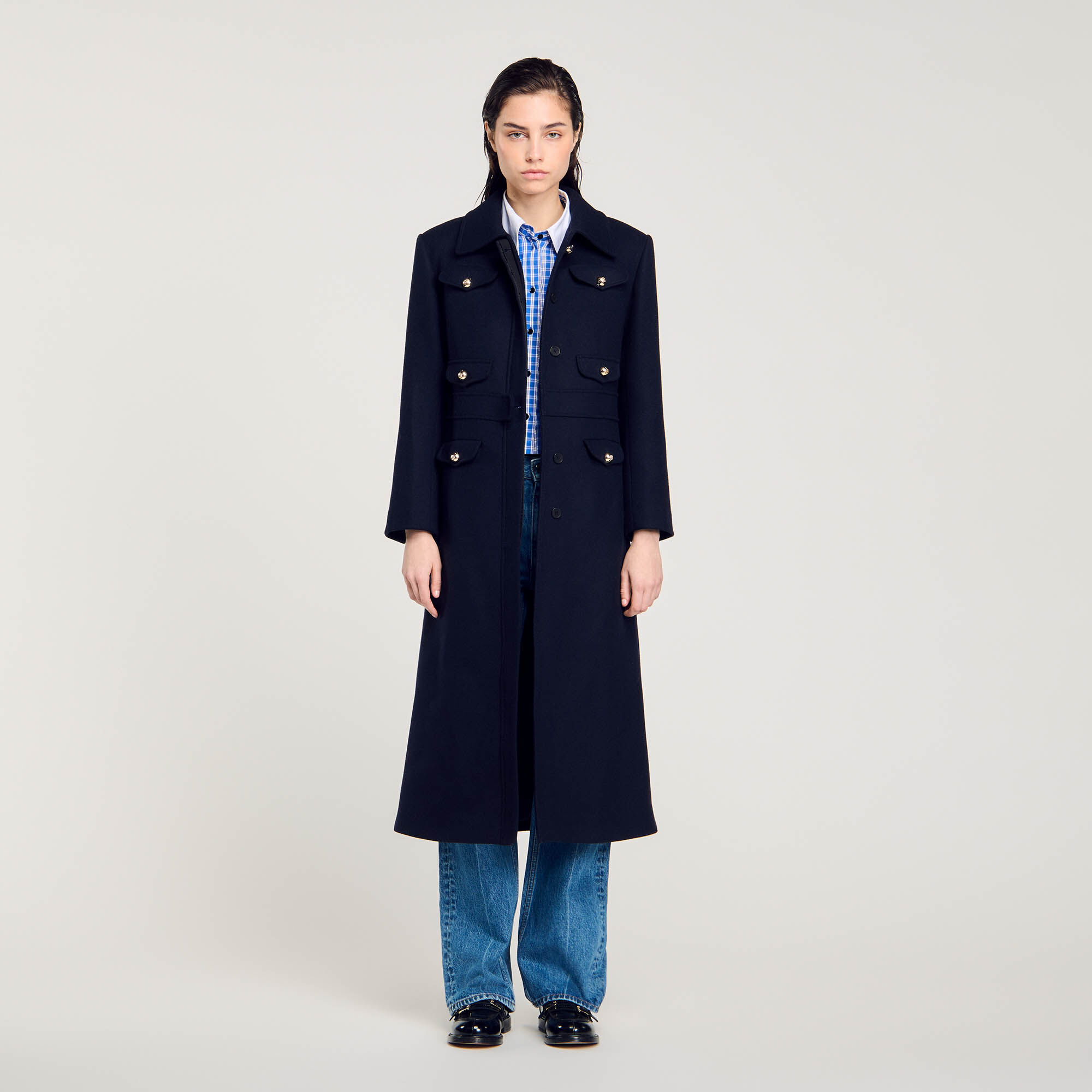 Sandro long belted coat top