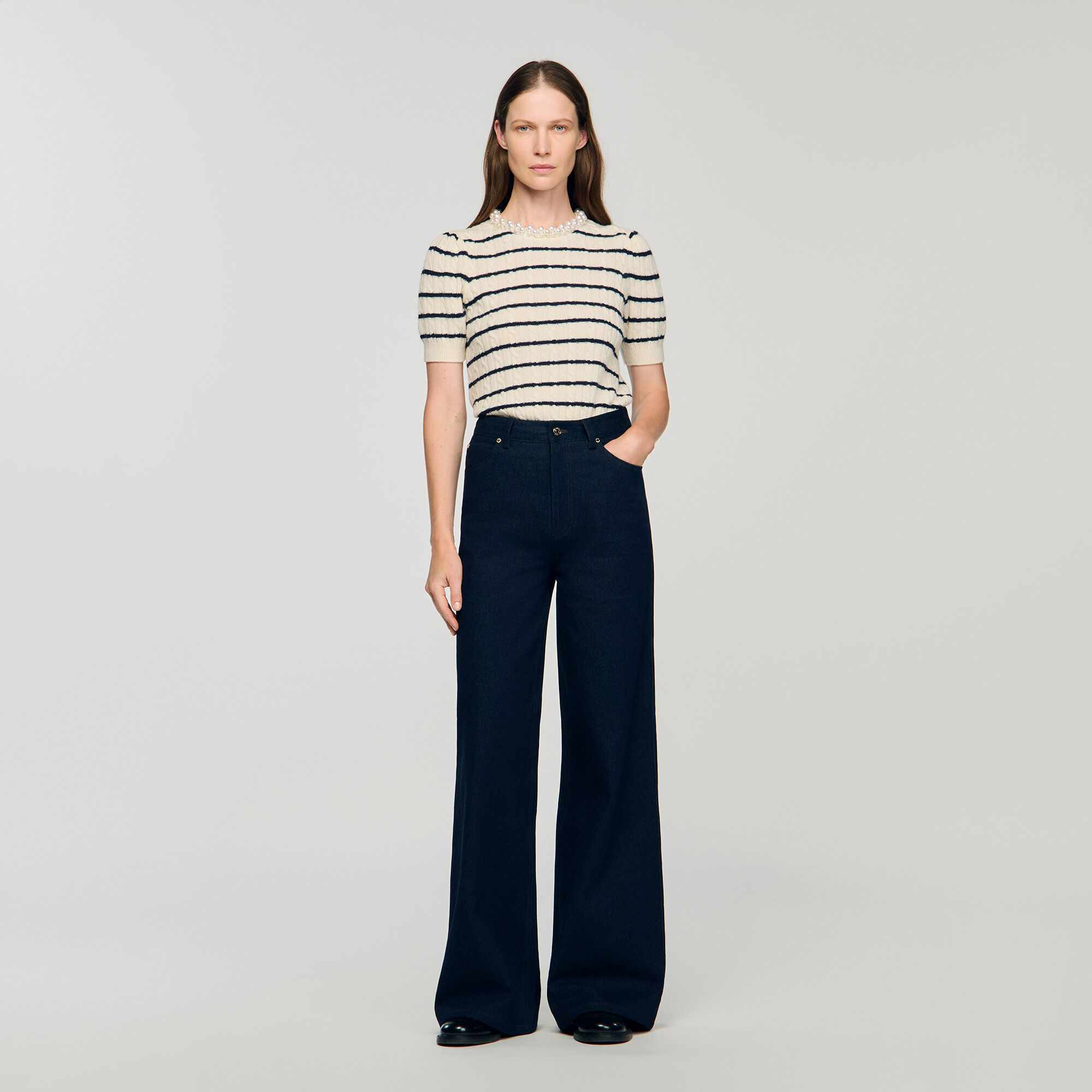 Striped jumper with pearl collar