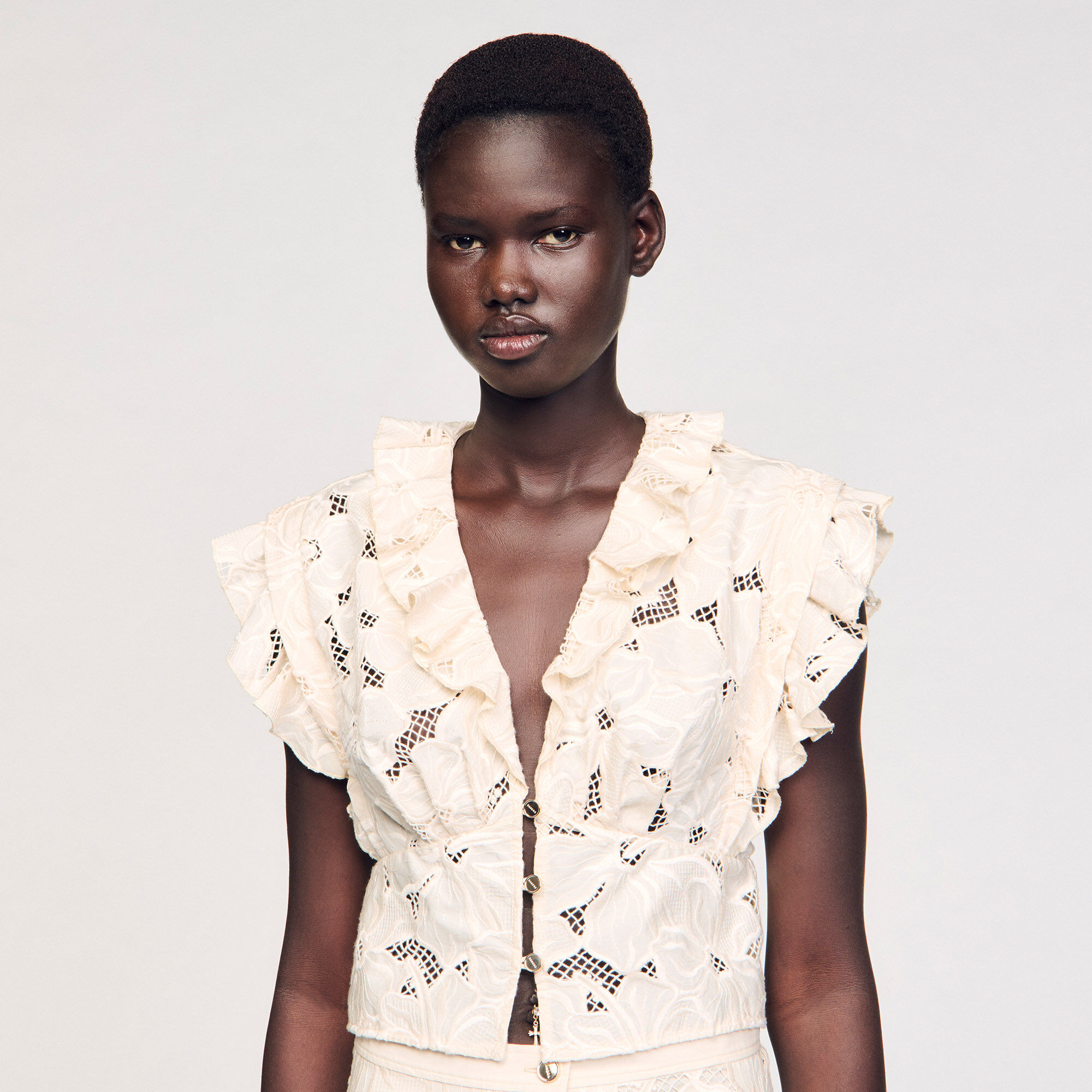 Embroidered crop top white / beige For Women | Sandro Paris