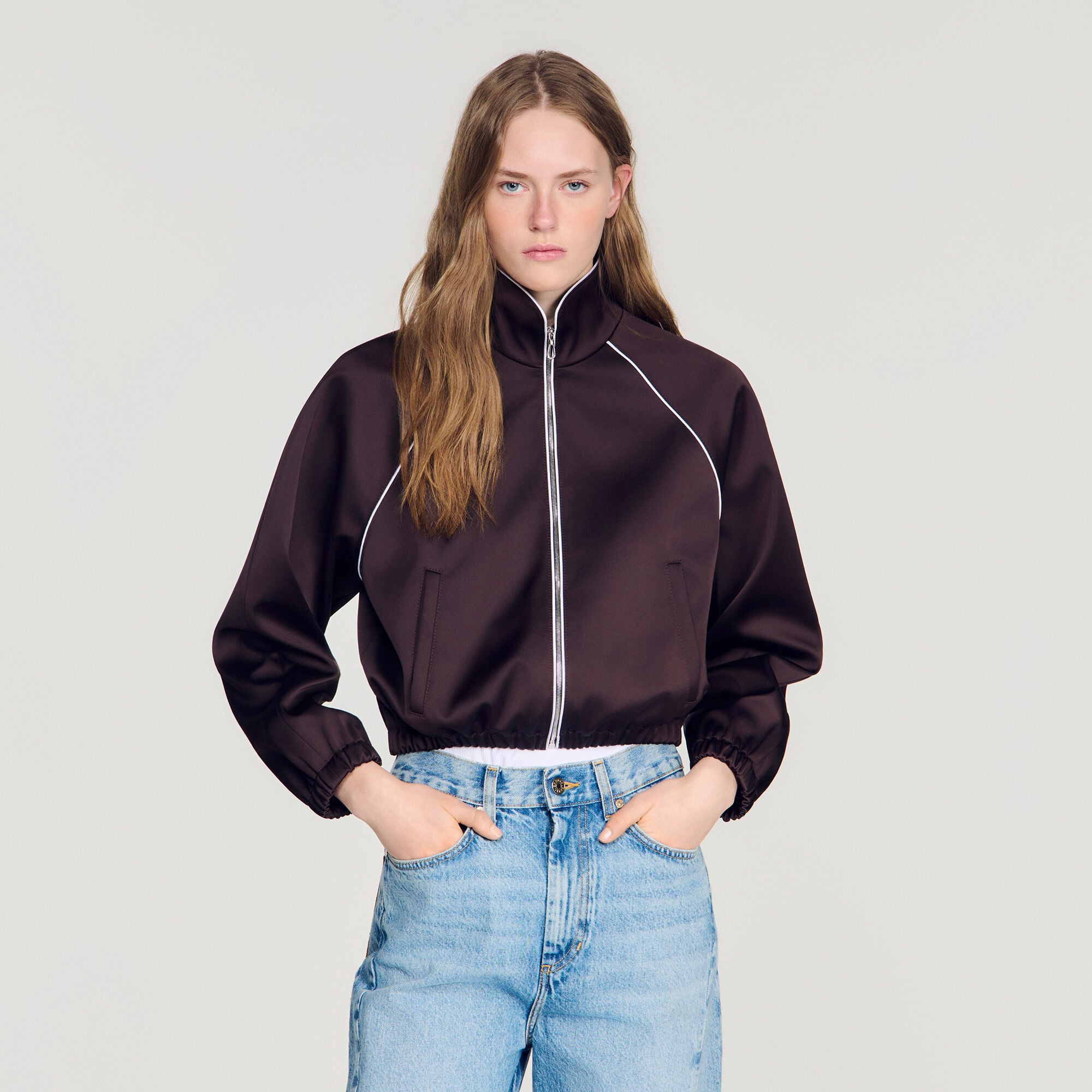 Cropped embroidered satin jacket
