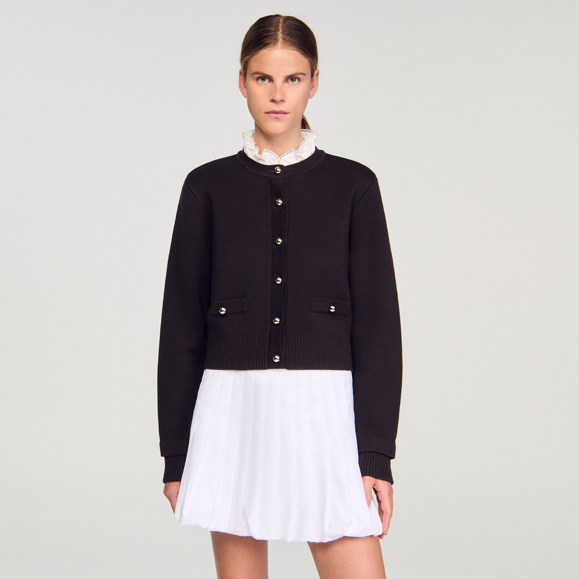Cardigan with removable ruffle collar