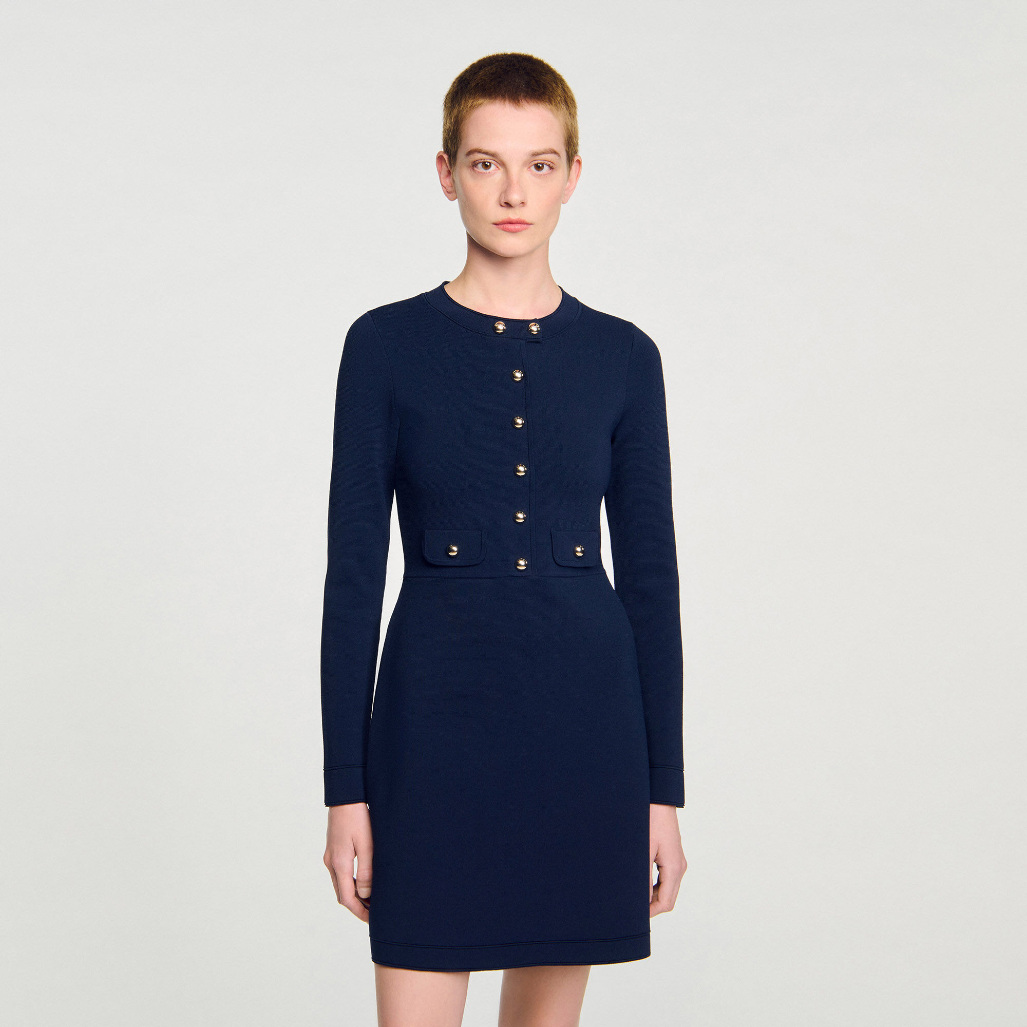 Short button-up knit dress blue For Women | Sandro Paris