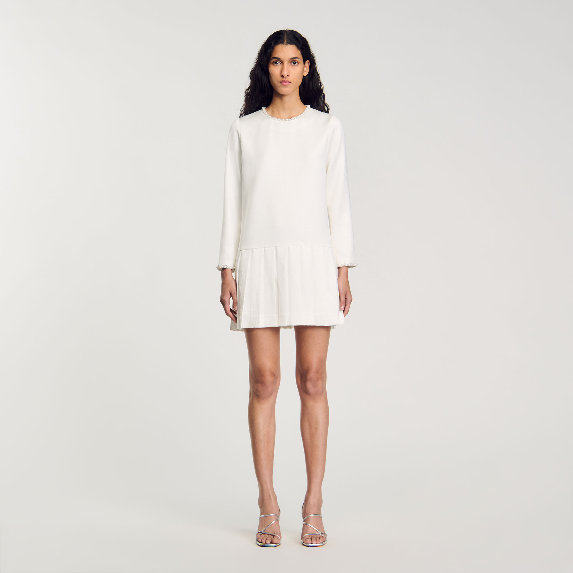 Short satin-effect beaded dress white / beige For Women