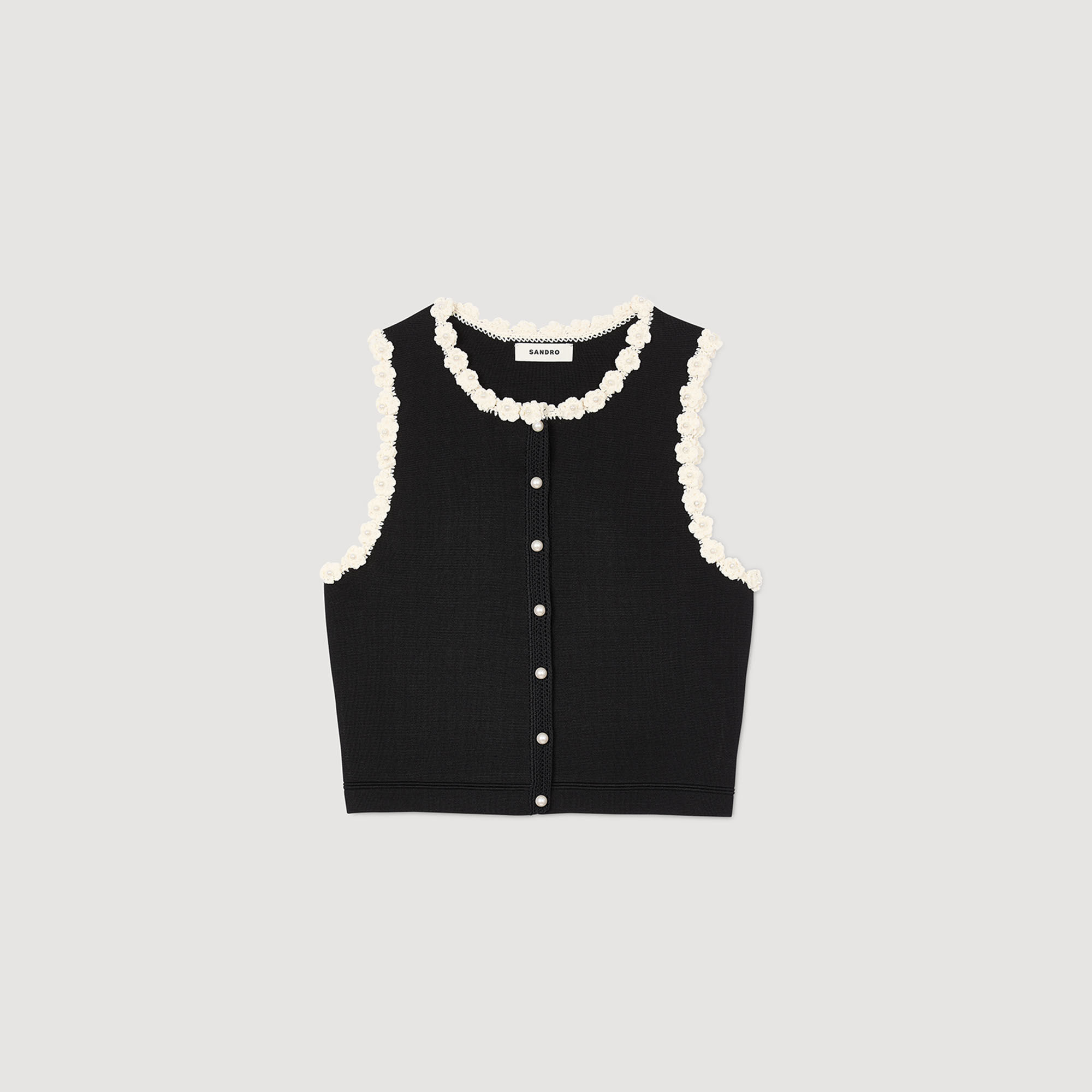 【海外限定】Sandroスカート☆Crochet-Trim Mid-Rise Stretch-Wo Short skirt with crochet details black / gray For Women