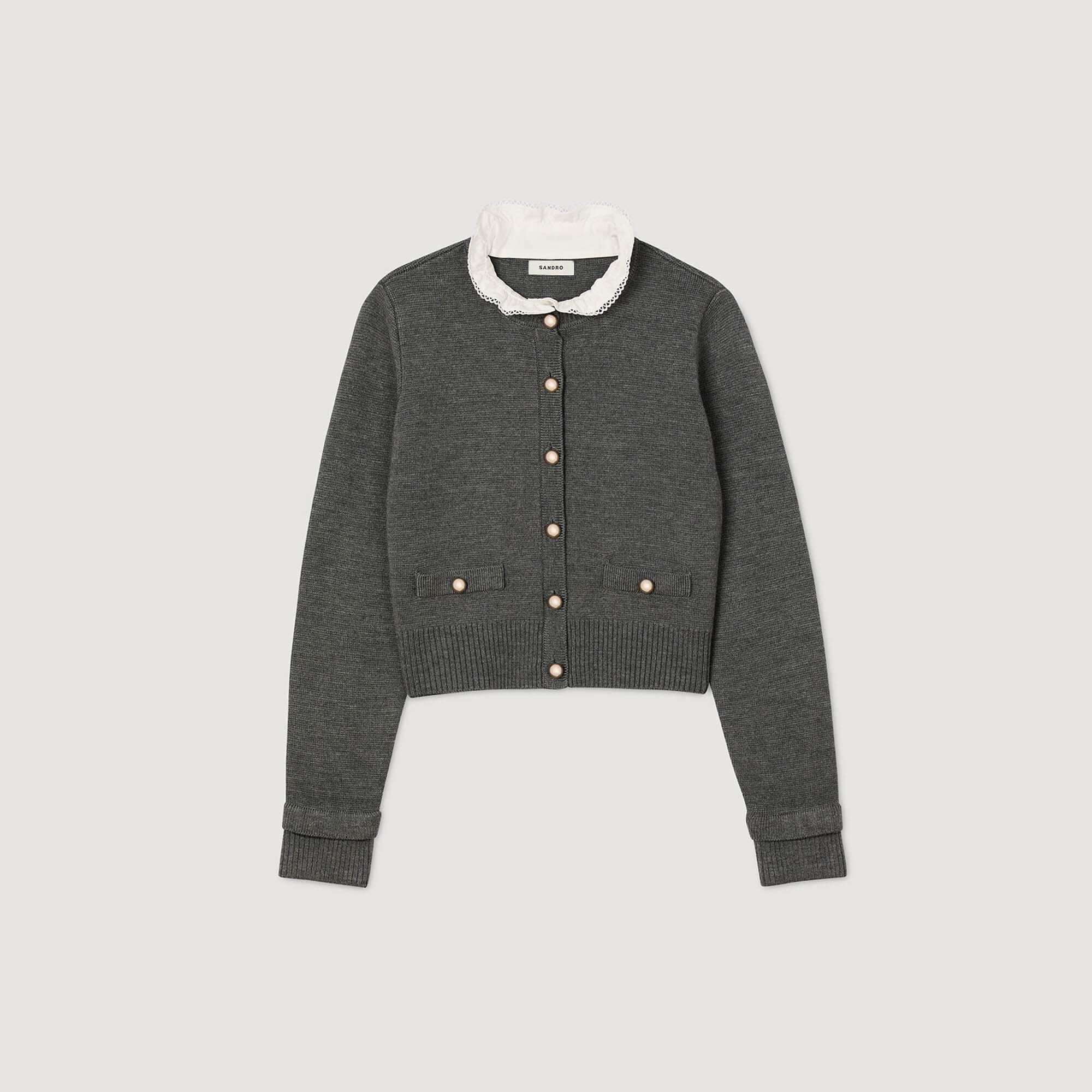 SANDRO 売れ筋商品|||サンドロ カーディガン アウター レディース Cardigans Grey Cardigan with ruffle collar black / gray For Women | Sandro