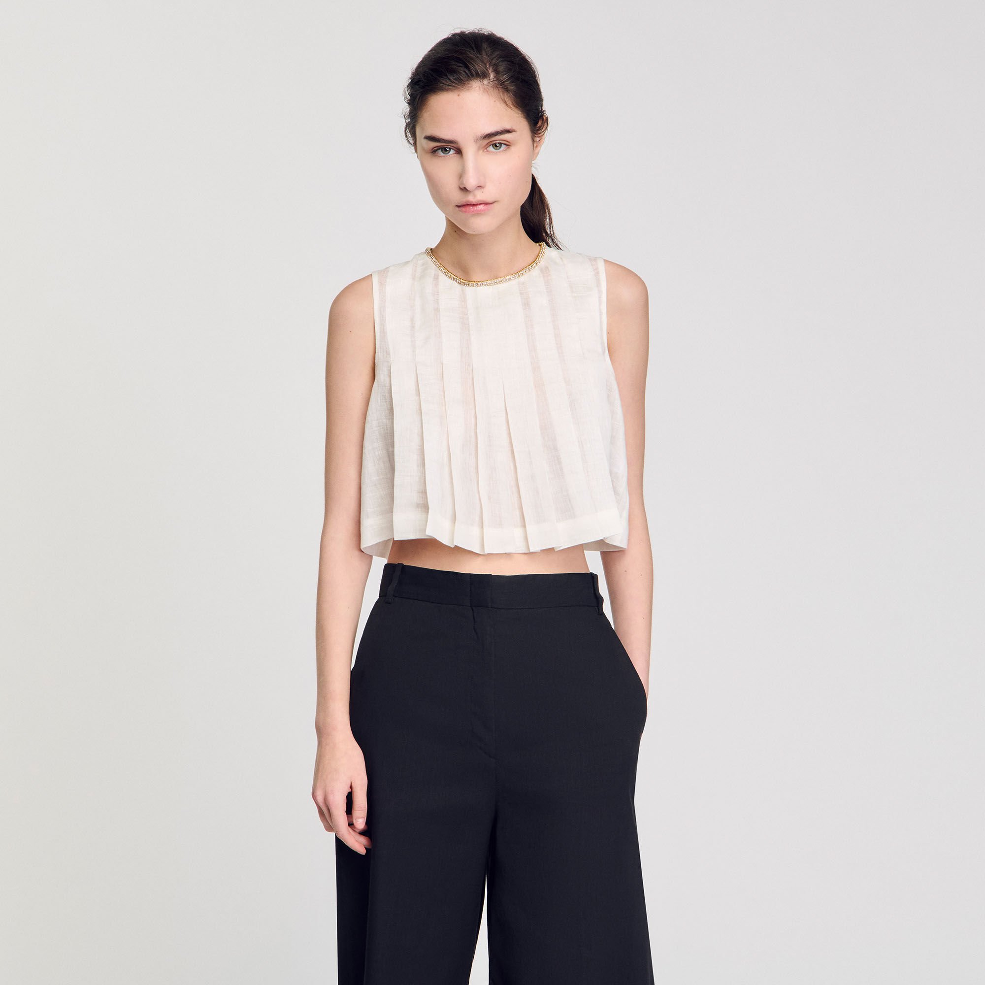 Pleated rhinestone neck crop top white / beige For Women