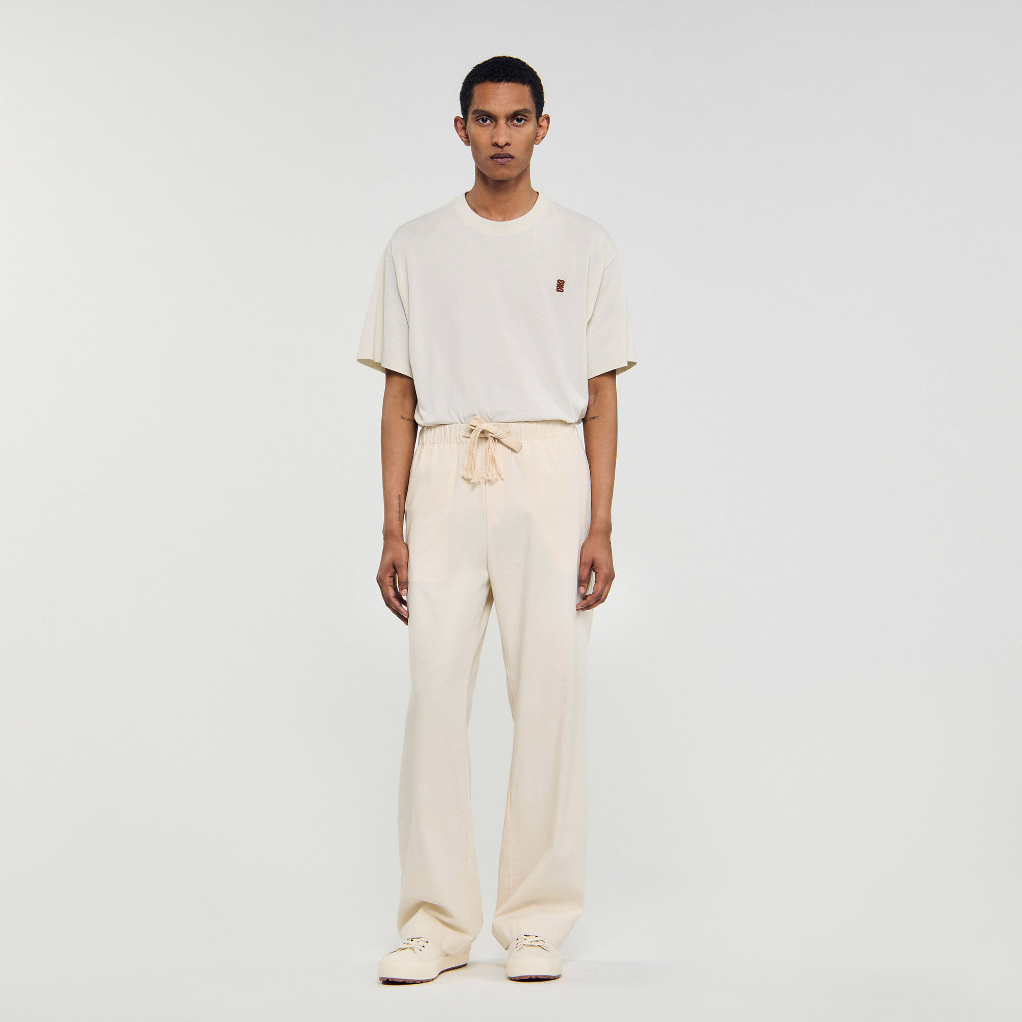 Wide-leg elasticated cotton trousers