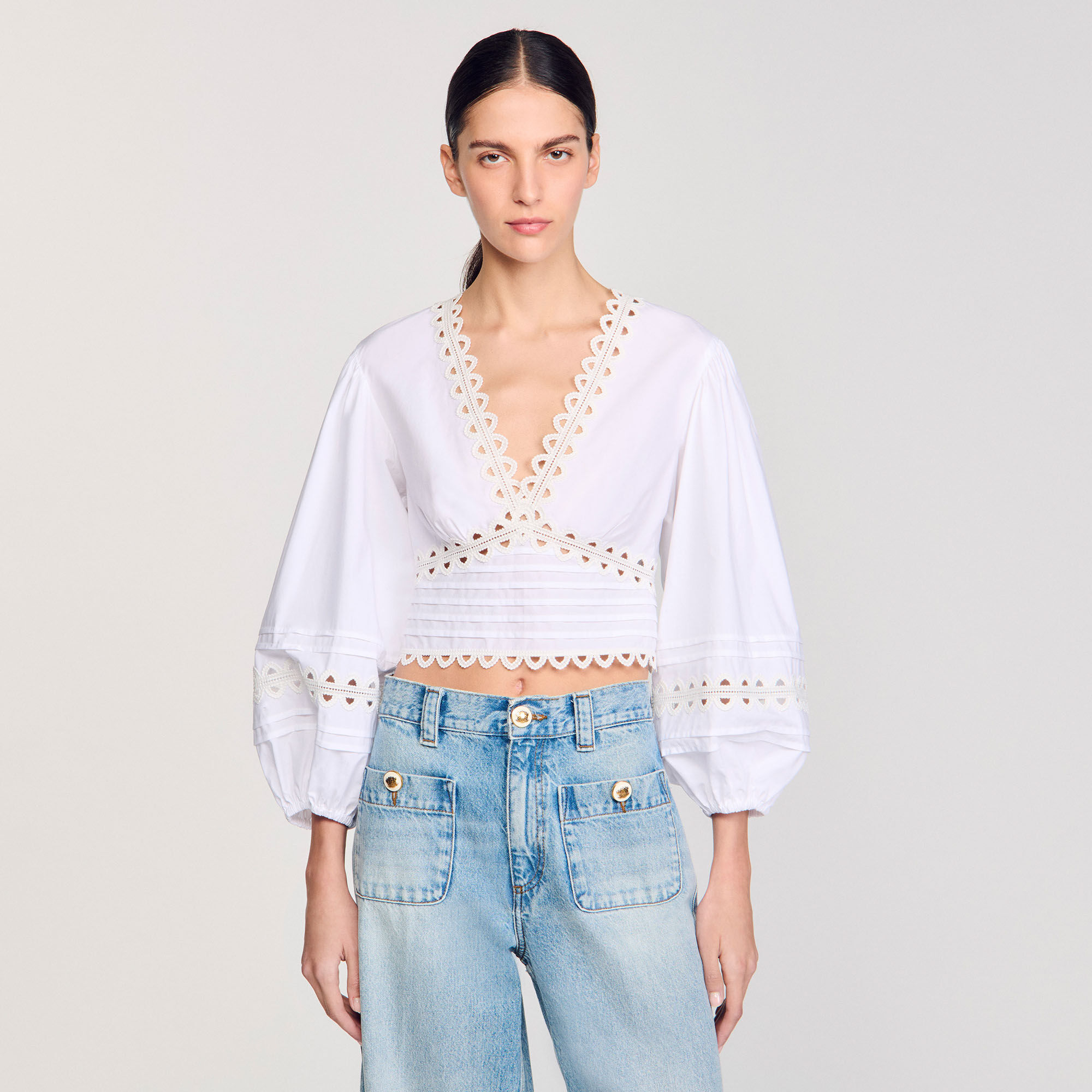 Poplin crop top white / beige For Women | Sandro Paris
