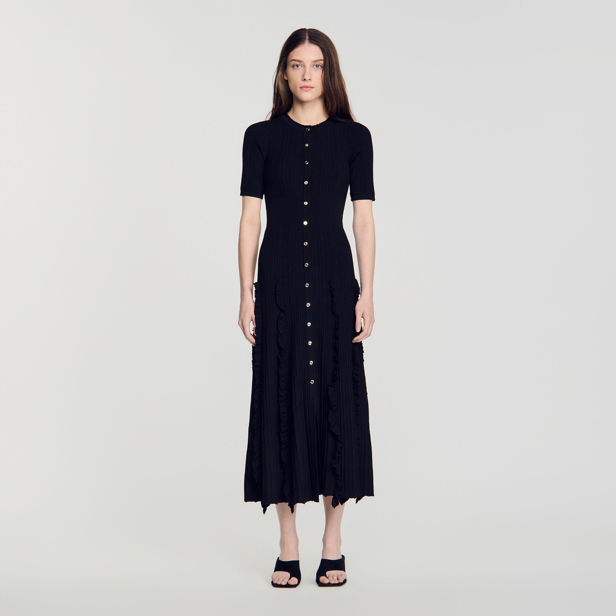 Knit maxi dress with ruffles black / gray For Women | Sandro Paris
