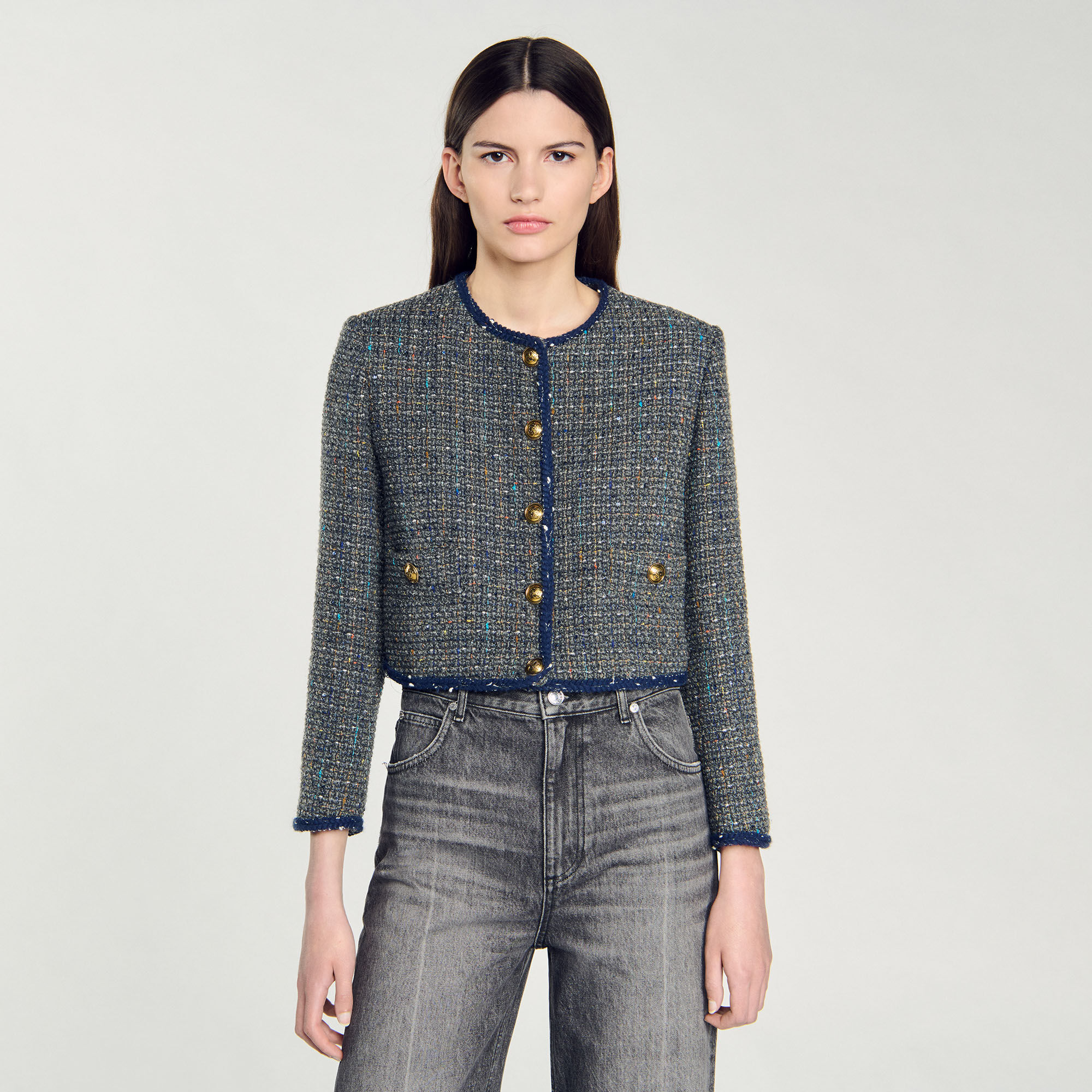 Cropped tweed jacket black / gray For Women | Sandro Paris