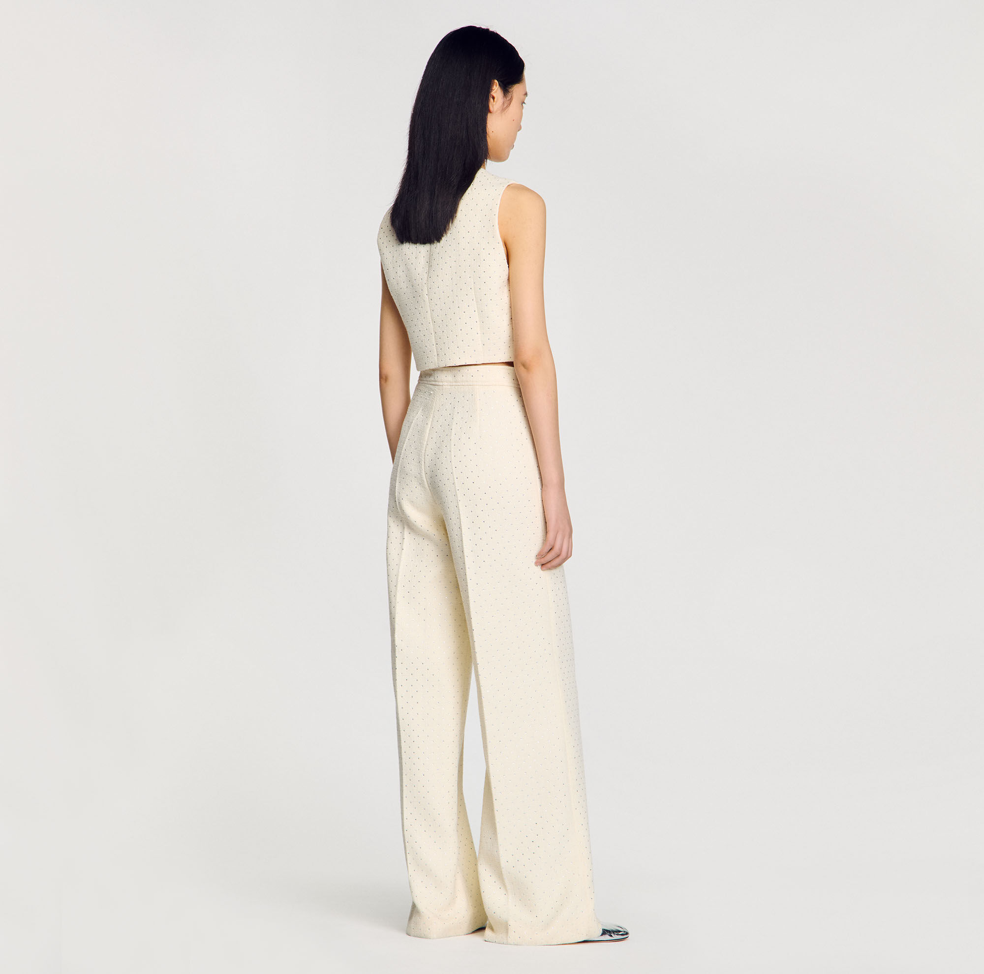 Tweed rhinestone-covered trousers white / beige For Women