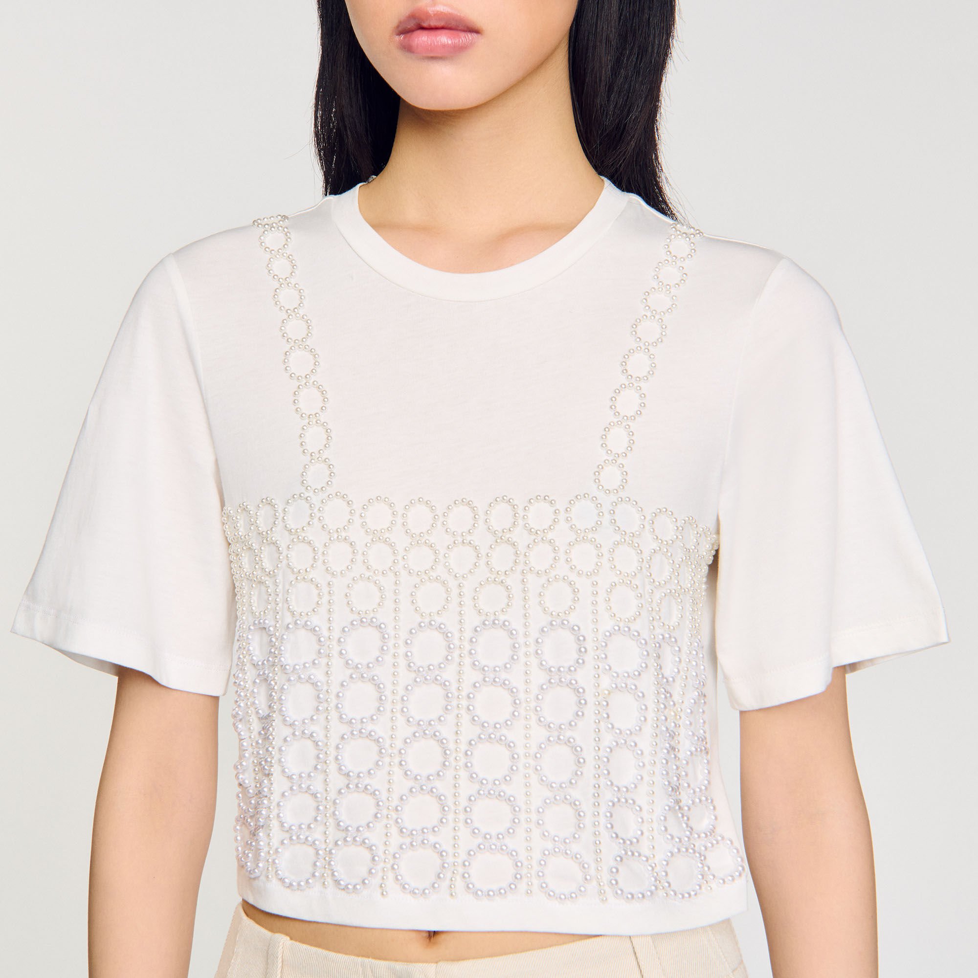 Beaded cropped T-shirt white / beige For Women | Sandro Paris