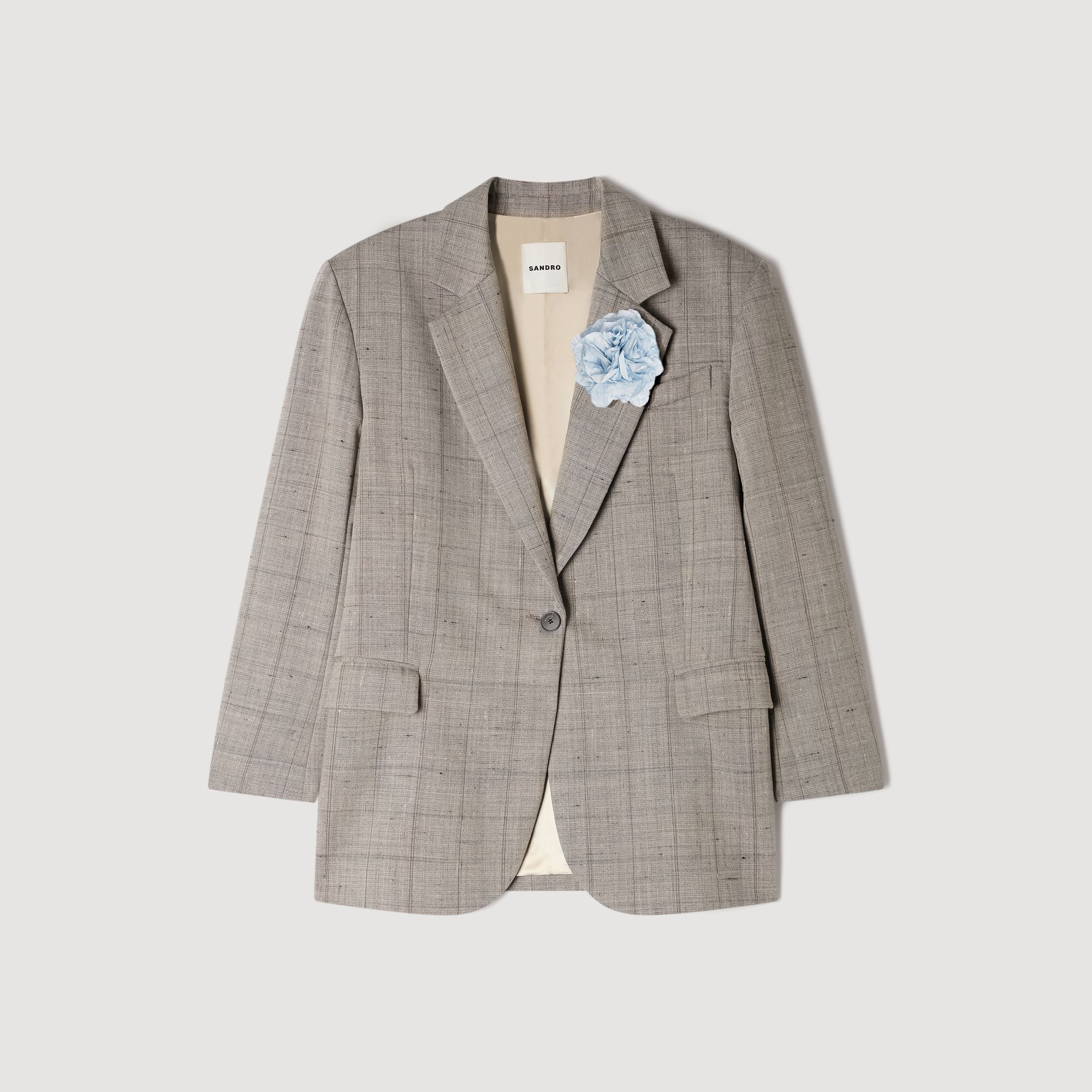 Check wool jacket with brooch white / beige For Women | Sandro Paris