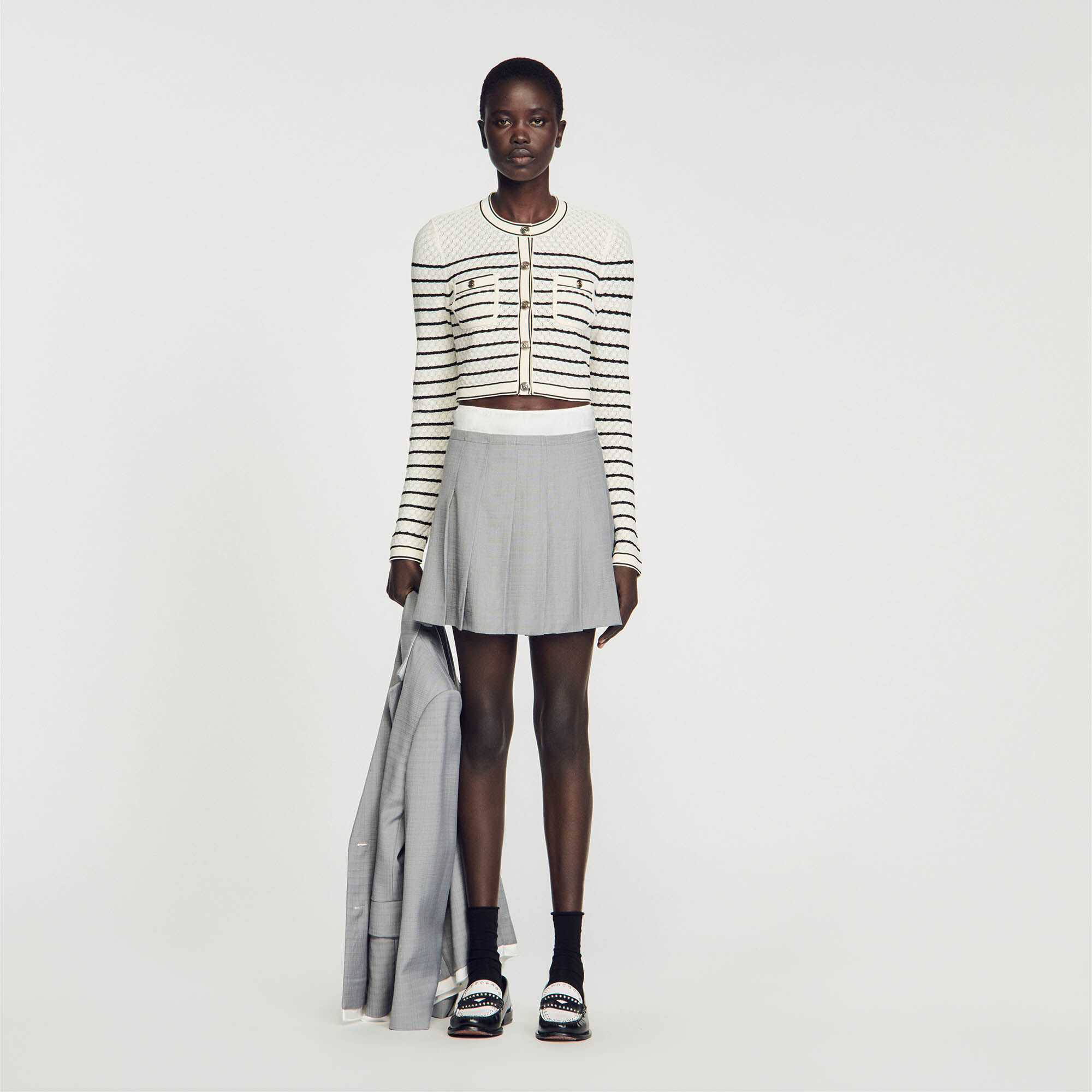 Striped knit midi skirt Black / Gray | Sandro Paris