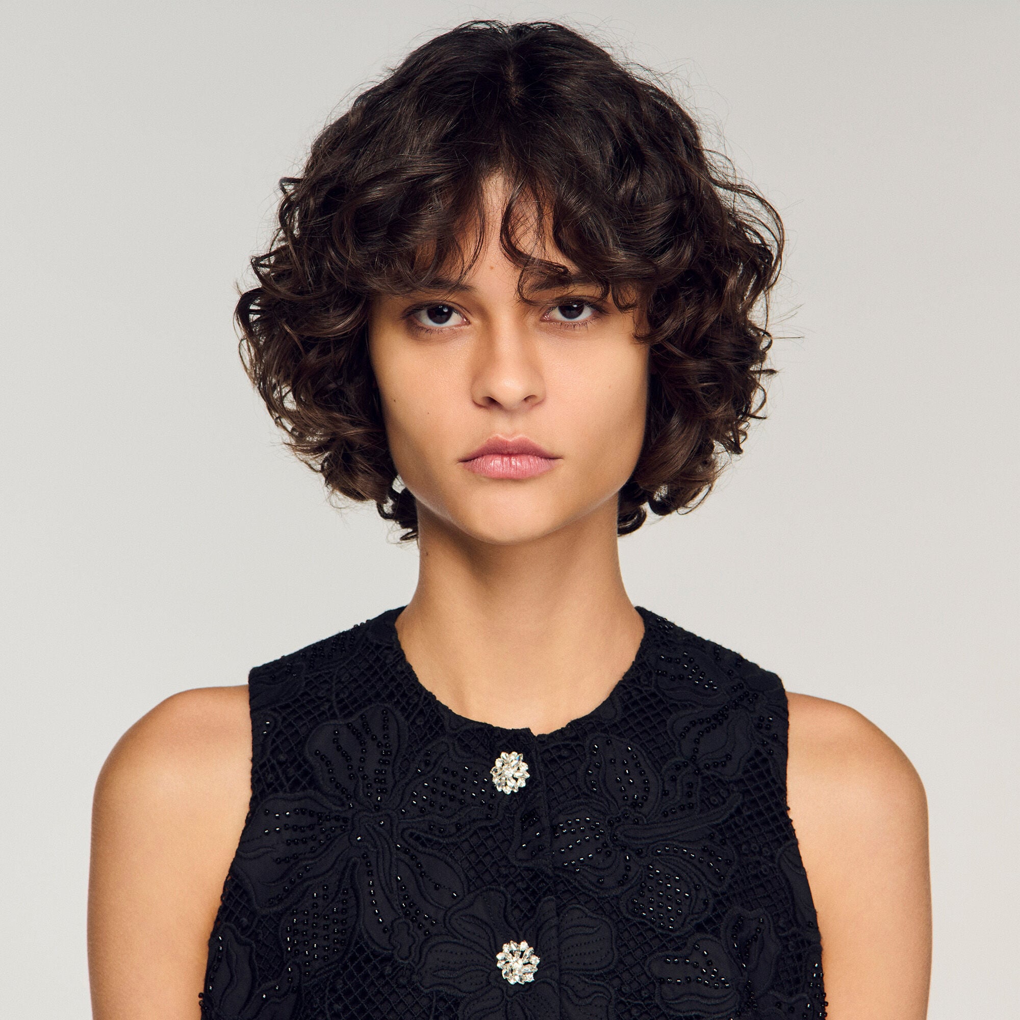 Embroidered guipure crop top black / gray For Women | Sandro Paris