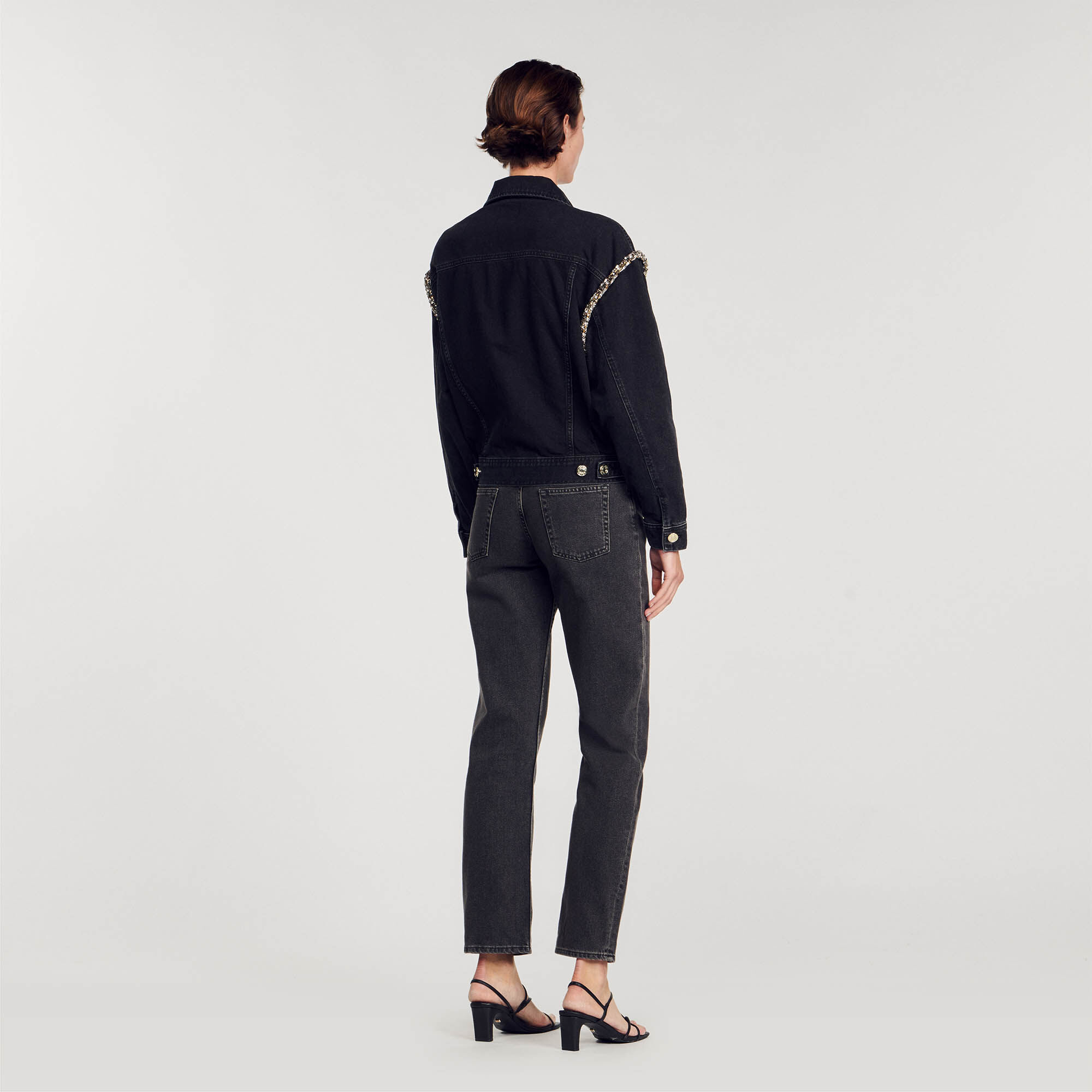 Oversized denim jacket with rhinestones black / gray For