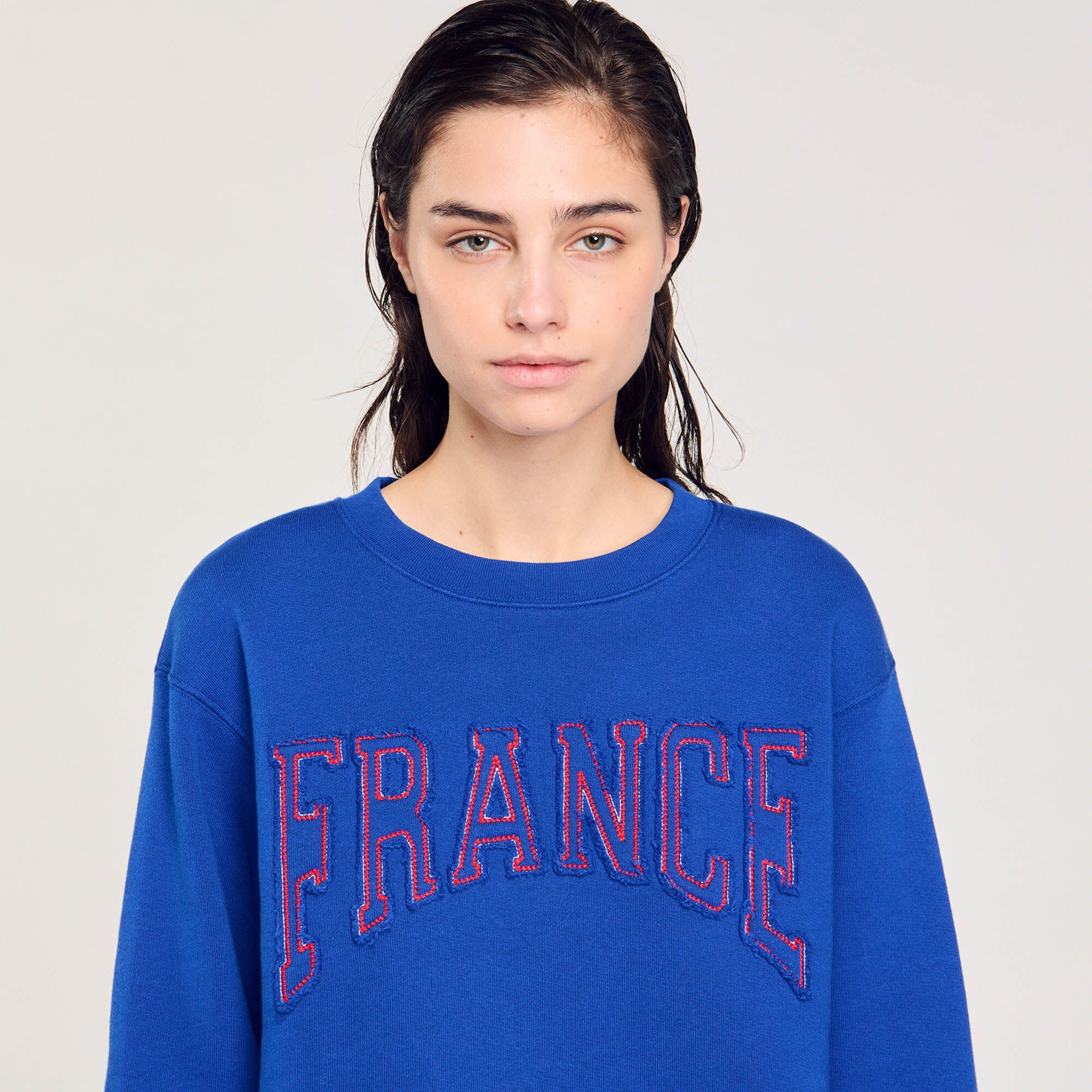 France embroidered sweatshirt blue For Women | Sandro Paris France embroidered sweatshirt blue For Women | Sandro Paris