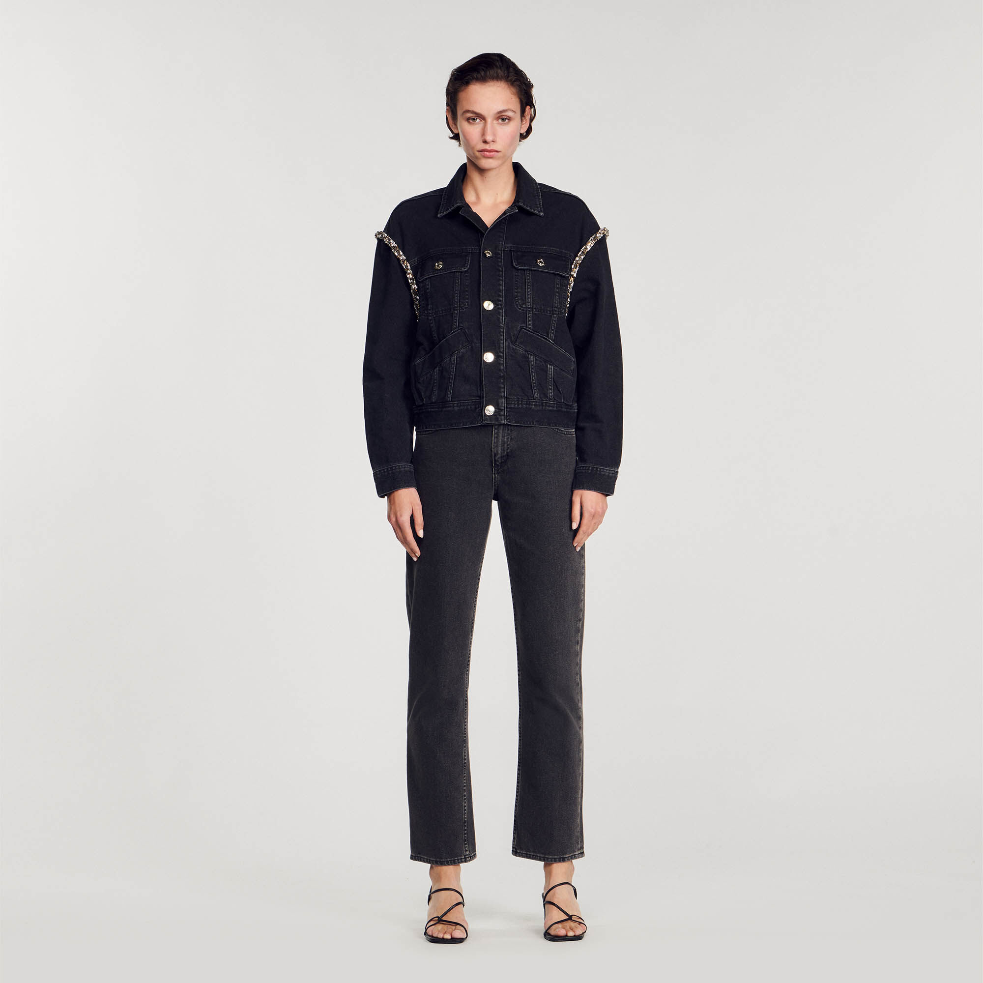 Oversized denim jacket with rhinestones black gray For Women Sandro Paris