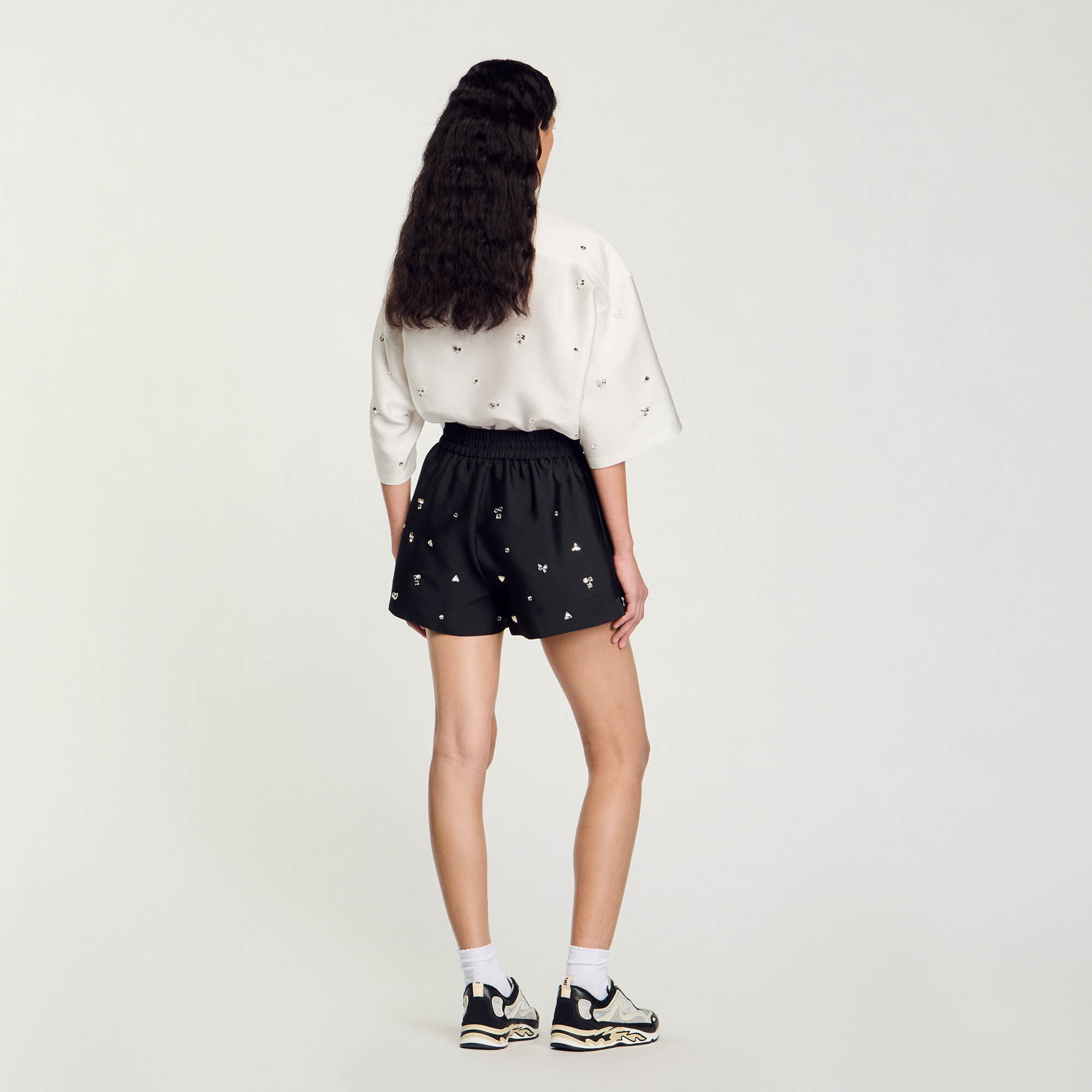 Rhinestone wide-leg shorts black / gray For Women | Sandro Paris