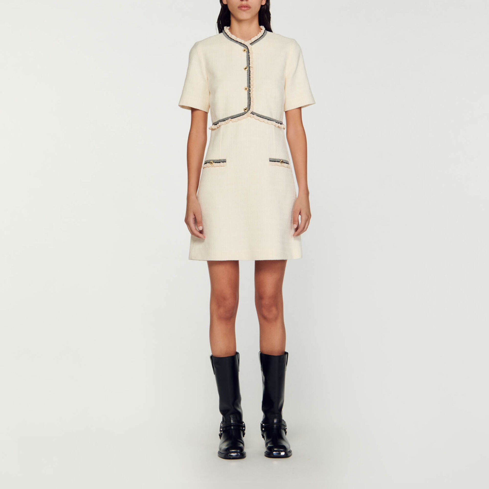 新品✨sandro ツイード ワンピース ショート イエロー ノースリーブ Short tweed dress white / beige For Women | Sandro Paris