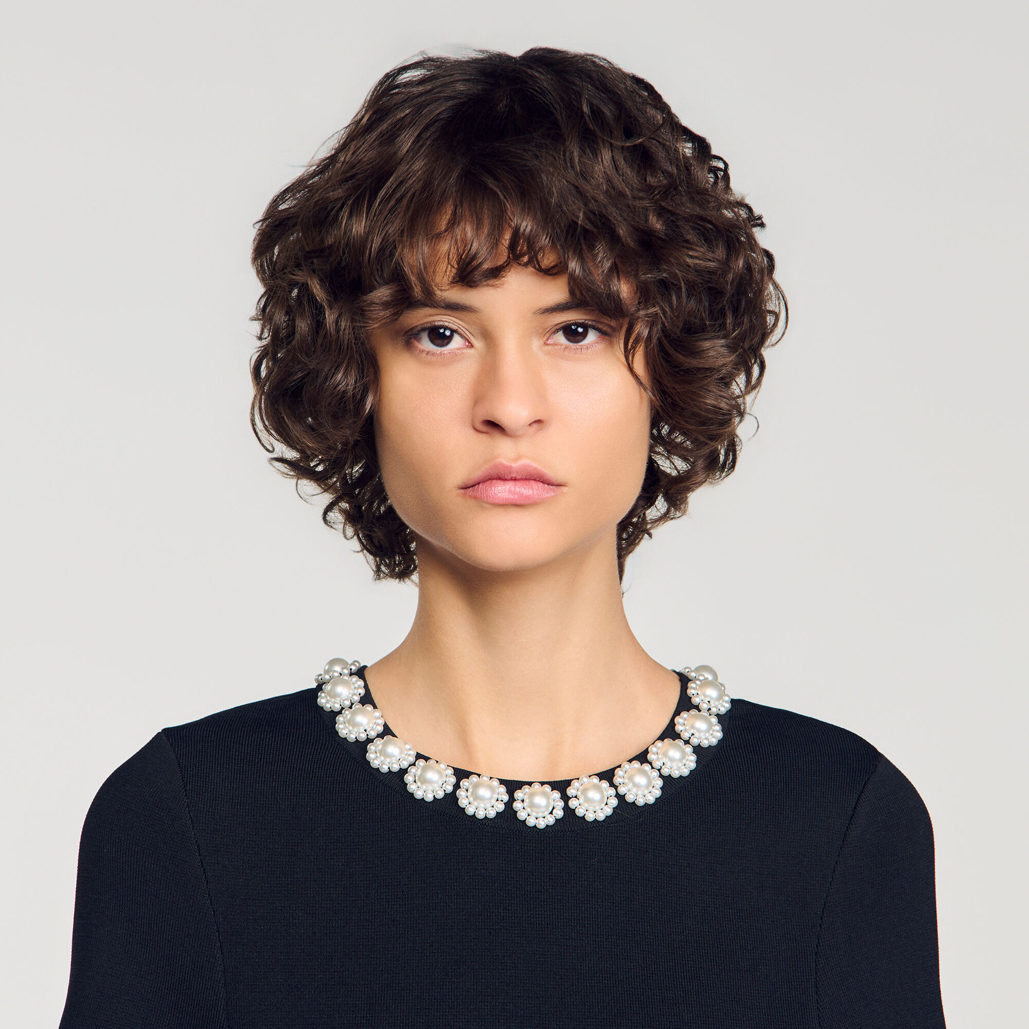 Short dress with beaded flowers black / gray For Women | Sandro Paris