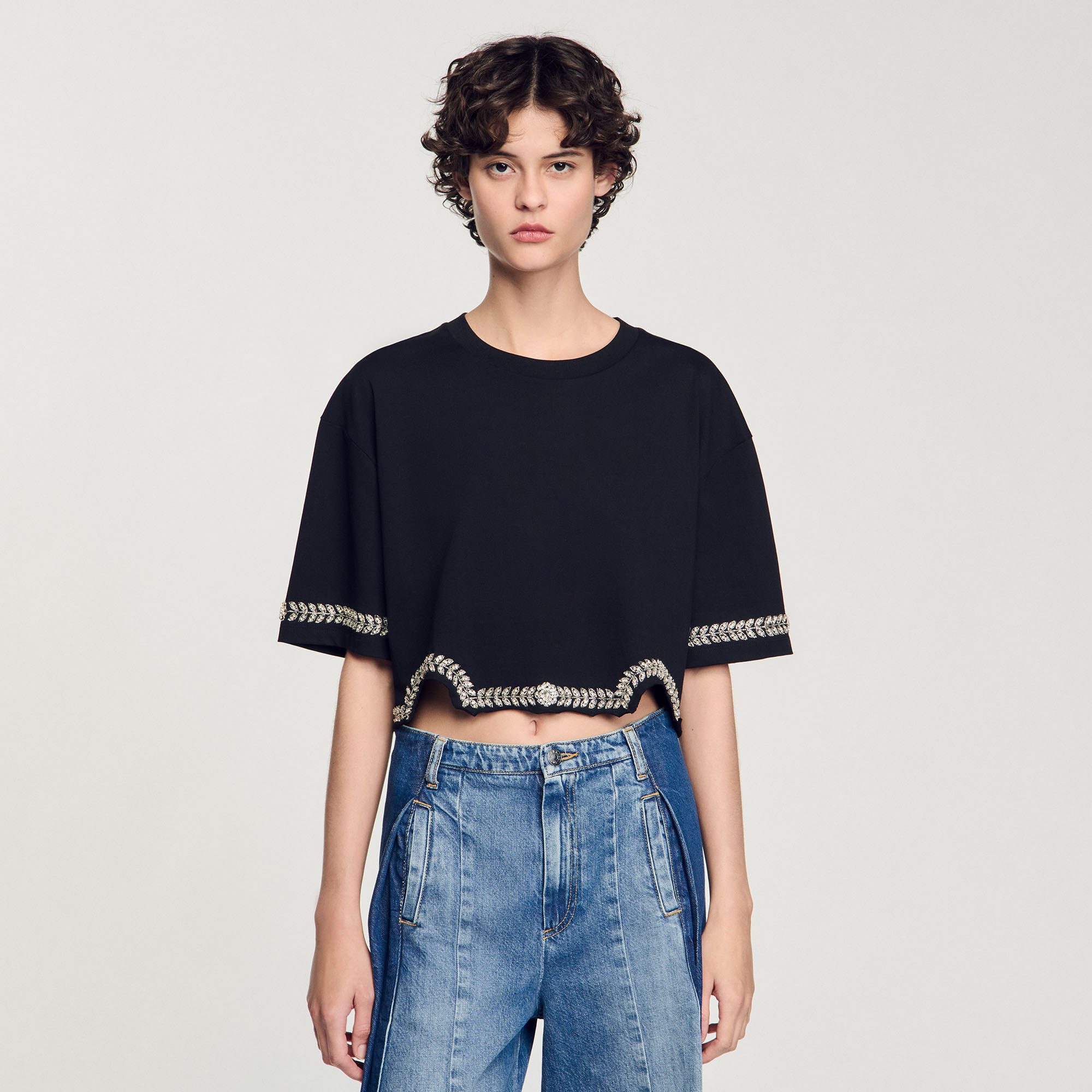 Rhinestone cropped T-shirt black / gray For Women | Sandro Paris