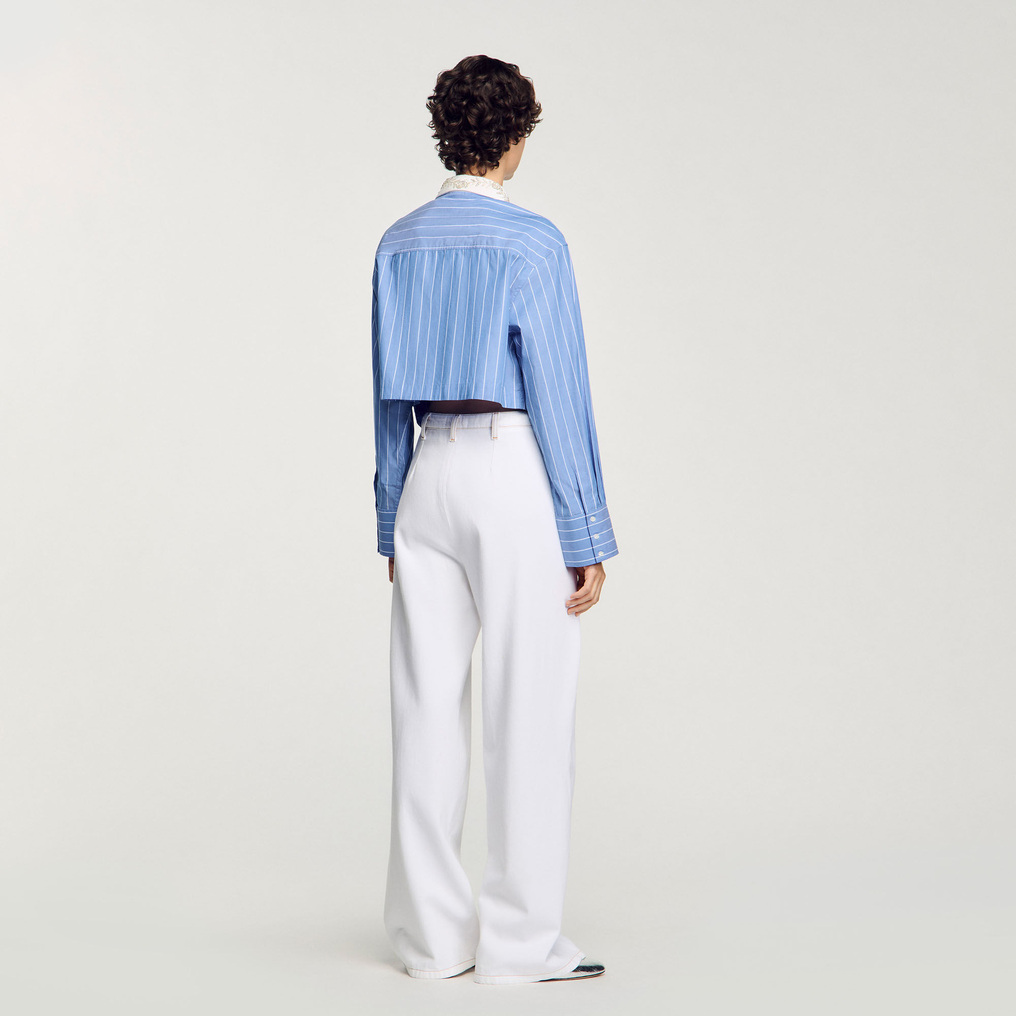 Striped cropped shirt with rhinestone