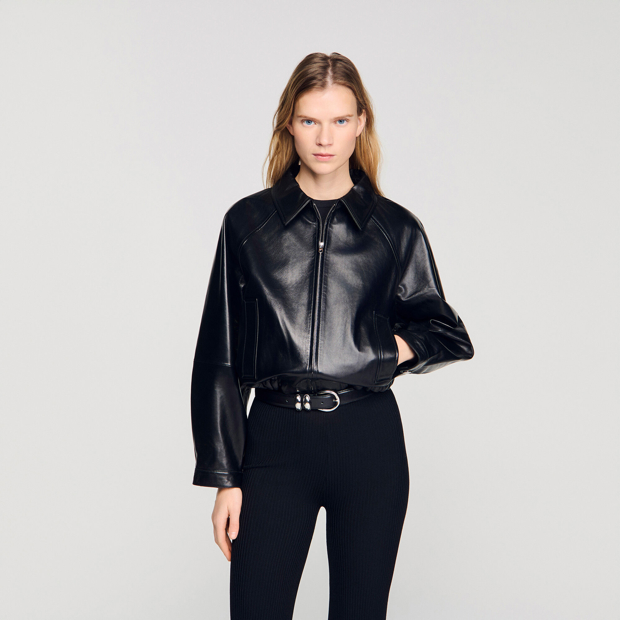 Lamb leather jacket black / gray For Women | Sandro Paris