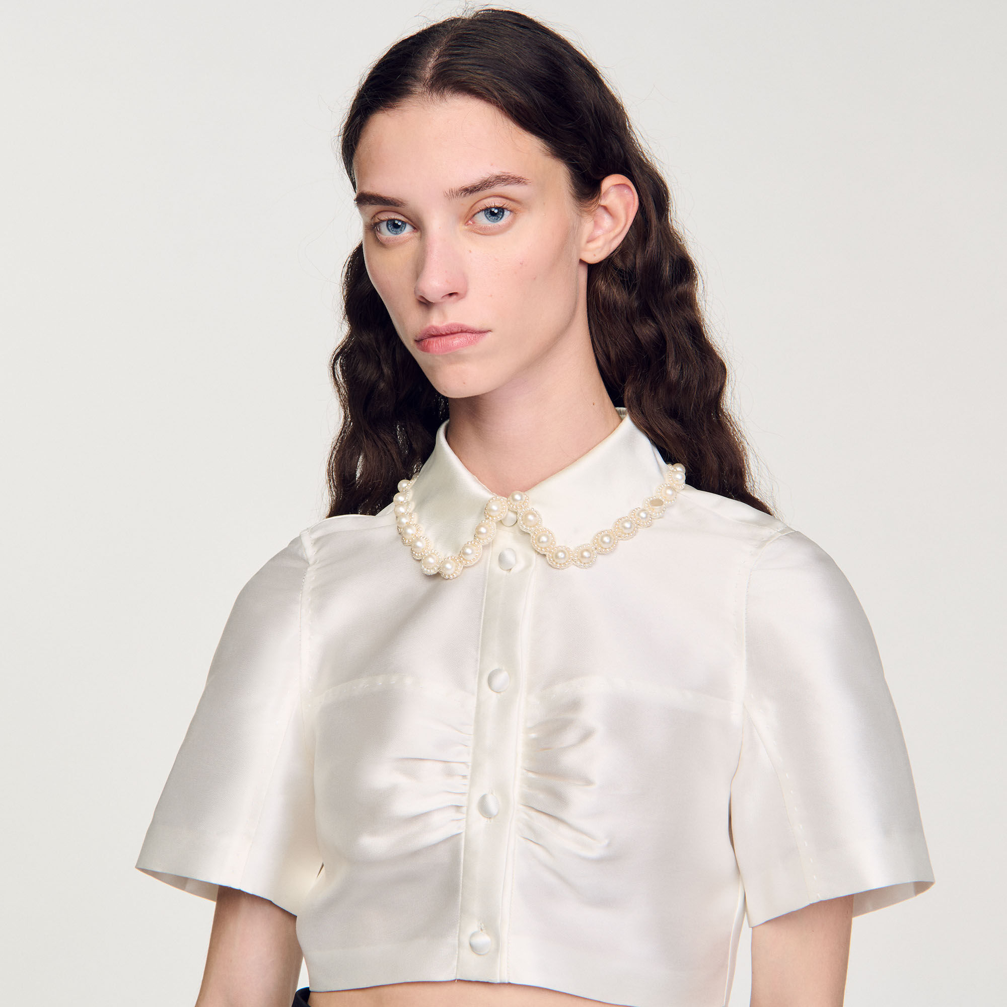 Beaded satin-effect cropped shirt