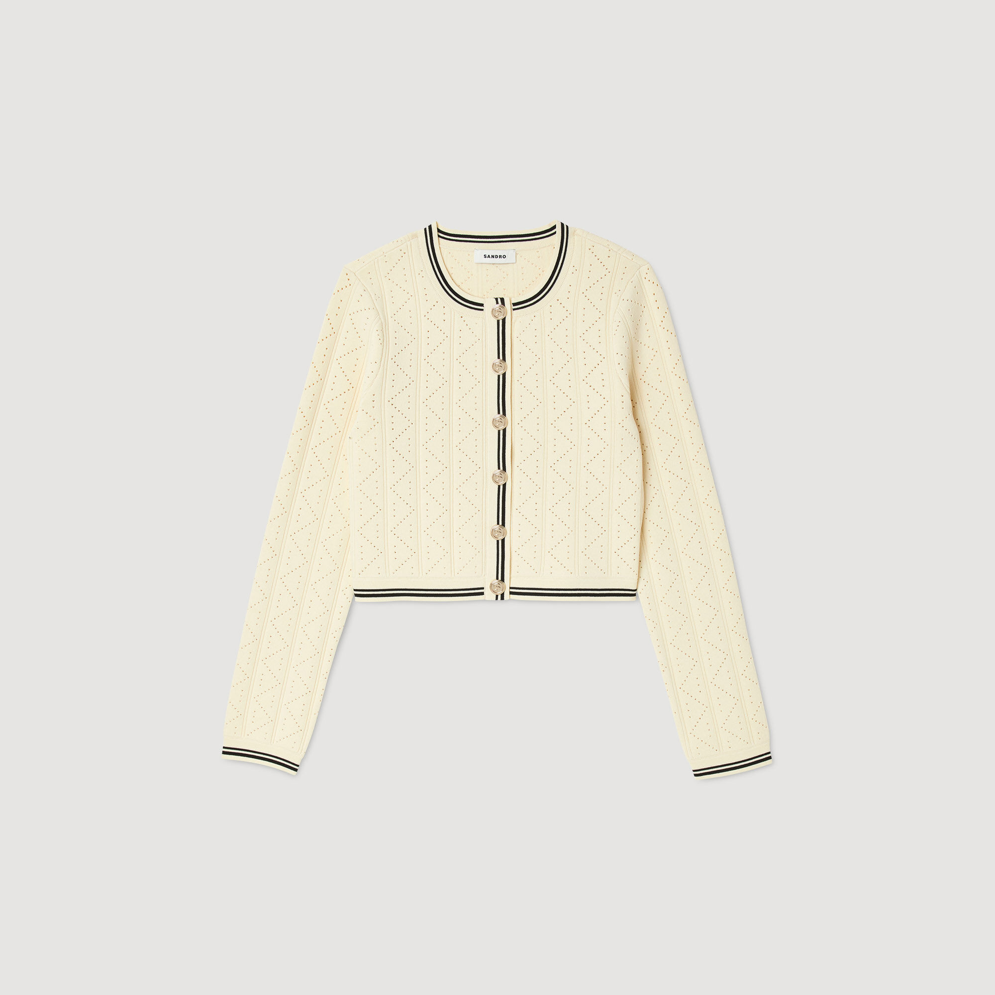 Cropped pointelle knit cardigan