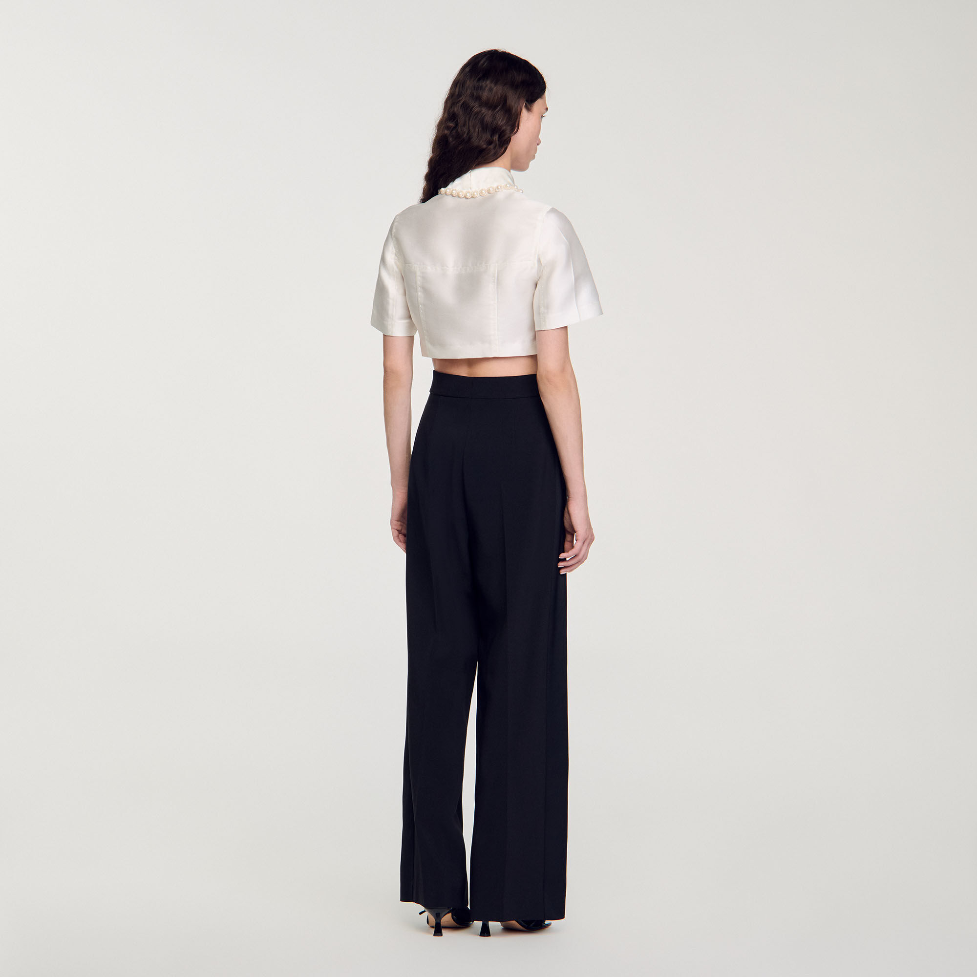 Beaded satin-effect cropped shirt