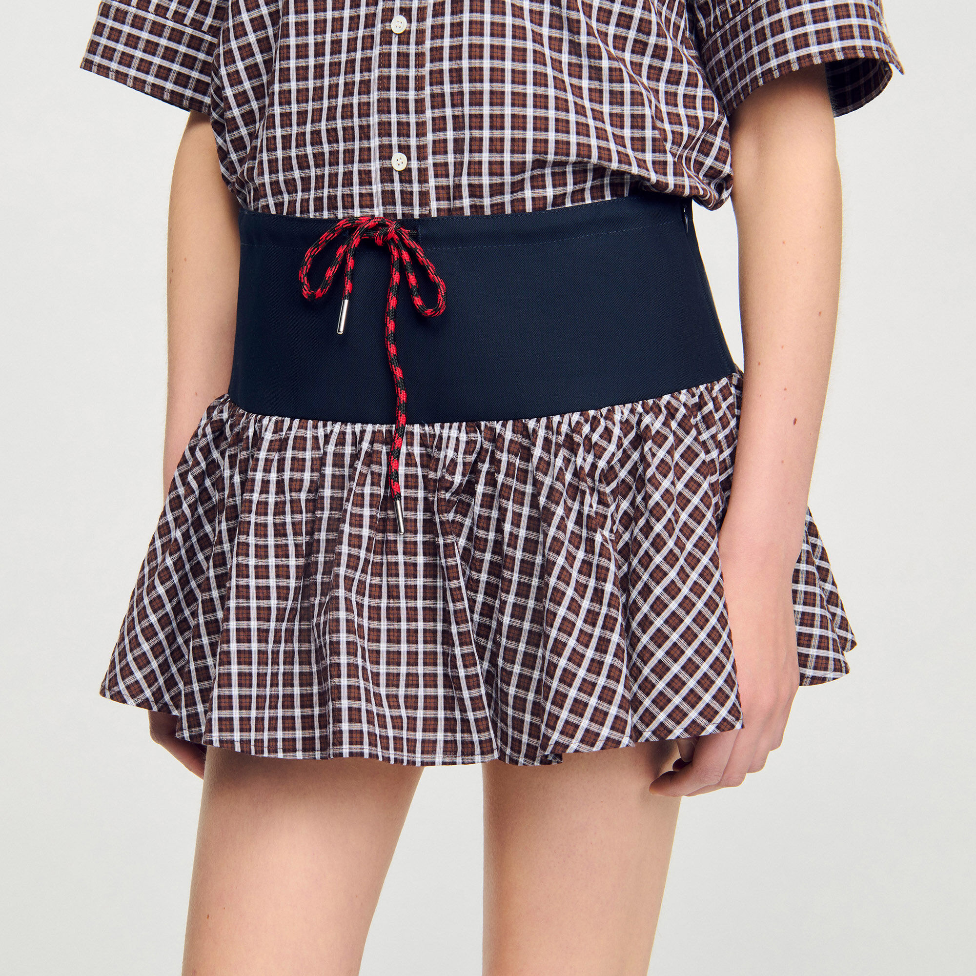 【海外限定】Sandroスカート☆Checked Drawstring-Waist Stretch Checked skort brown For Women | Sandro Paris