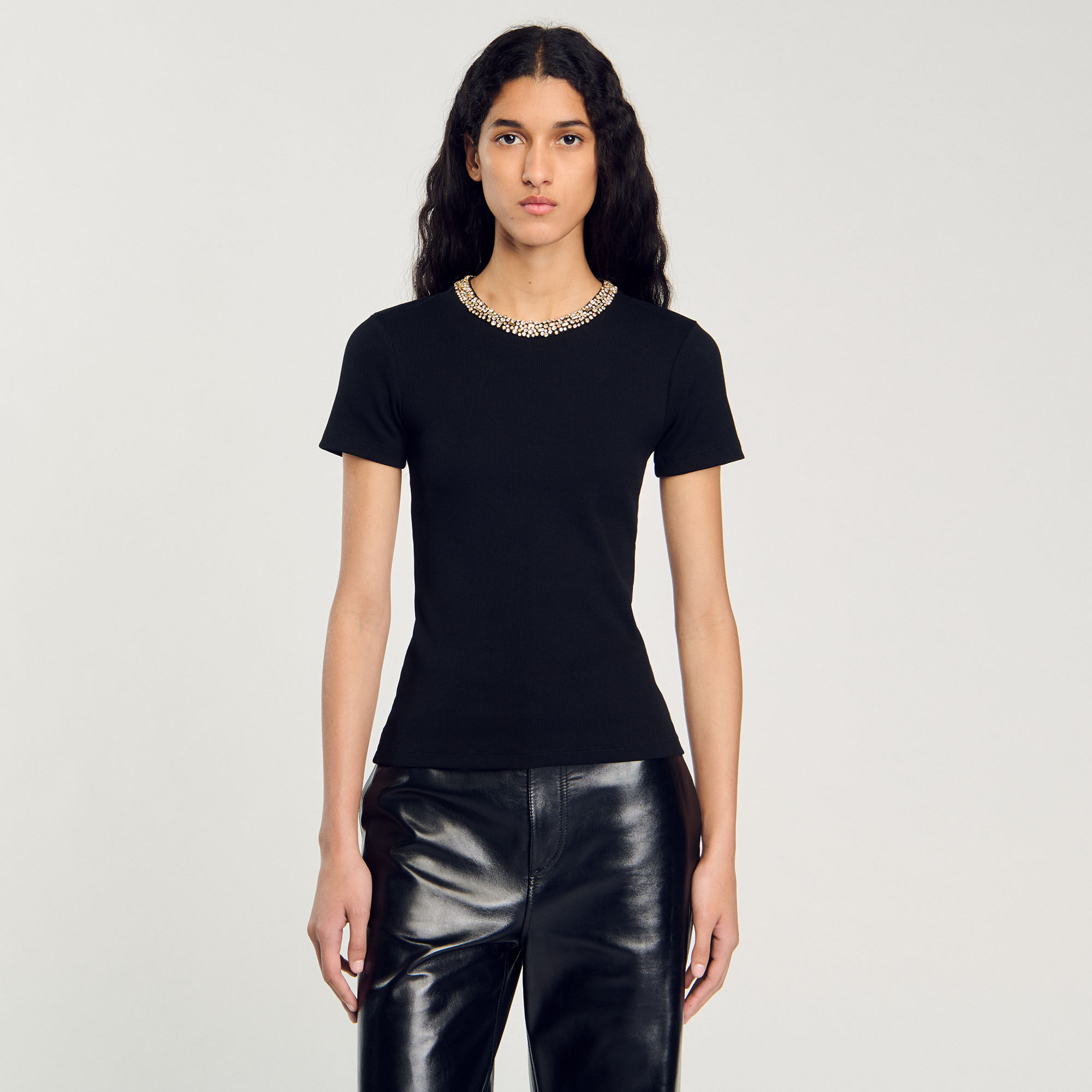 T-shirt with rhinestone trim