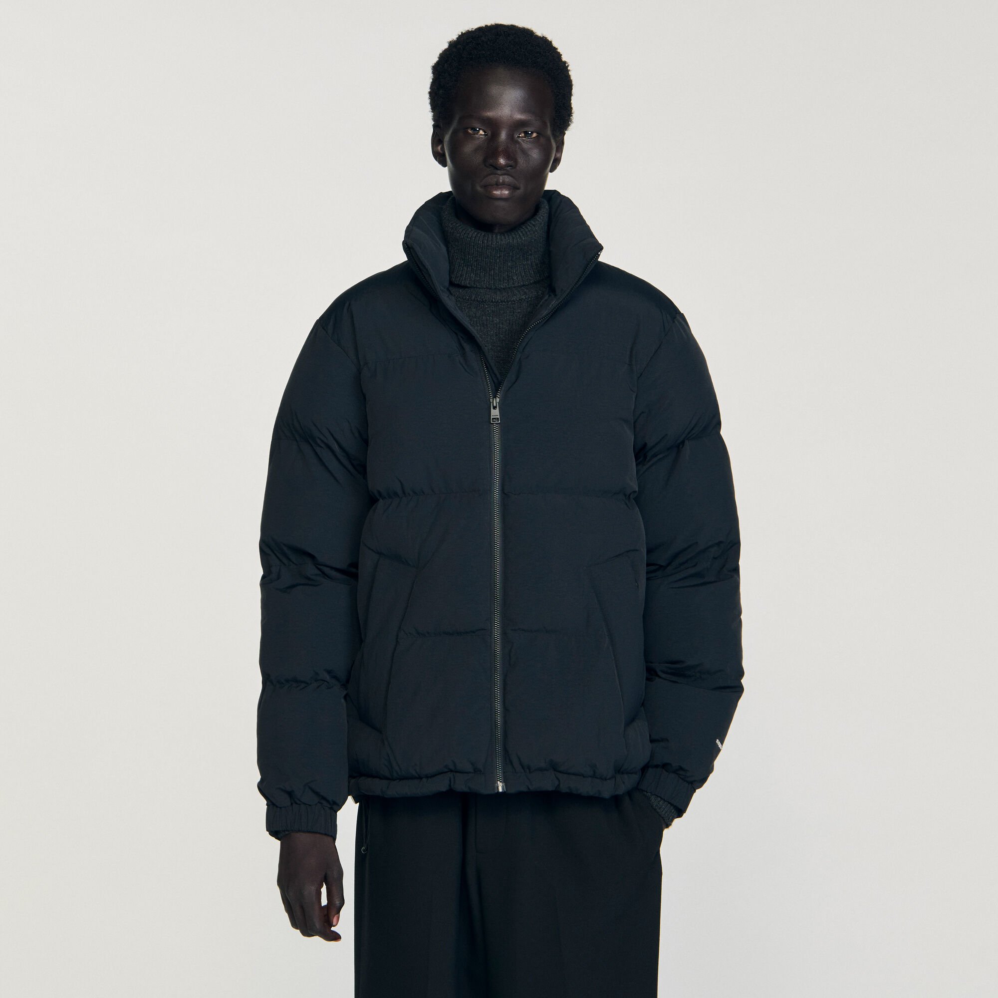 Hooded puffer with high collar
