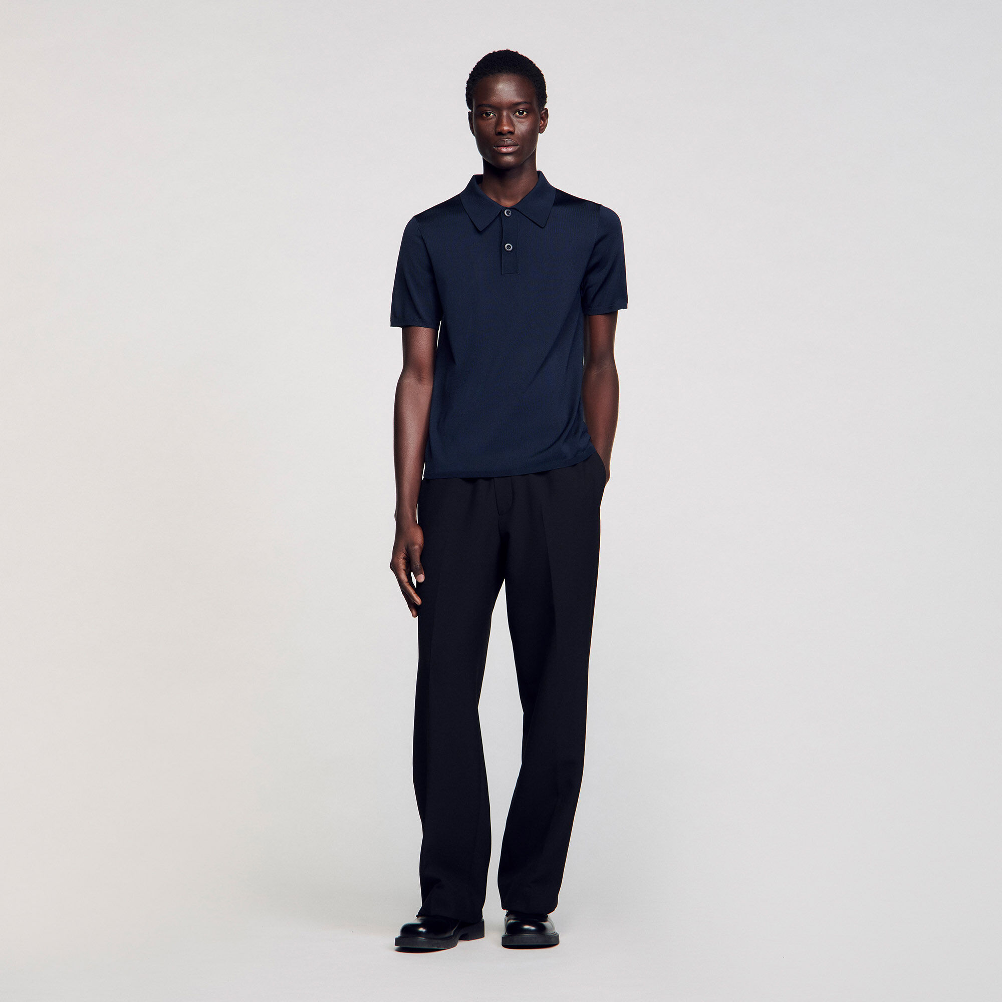 Short-sleeve knitted polo shirt blue for Men | Sandro Paris
