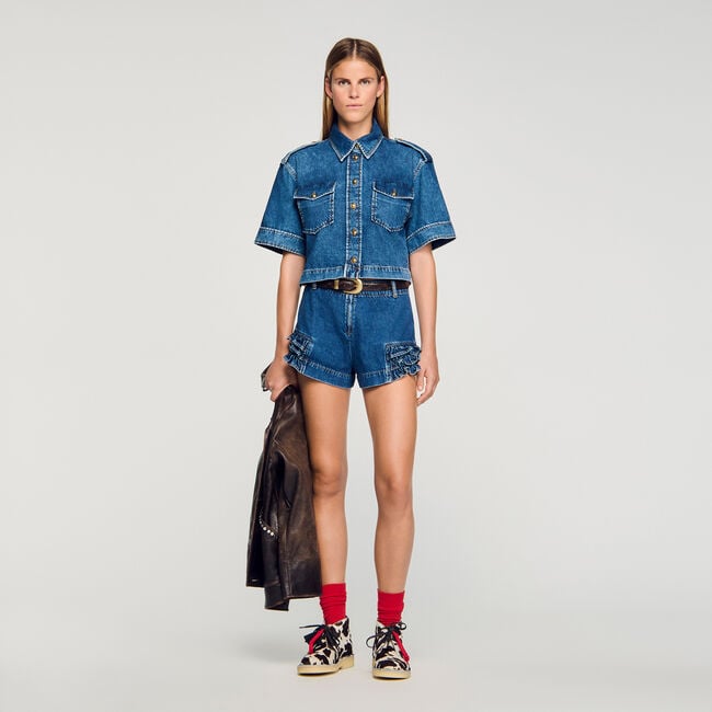 Ruffled denim shorts