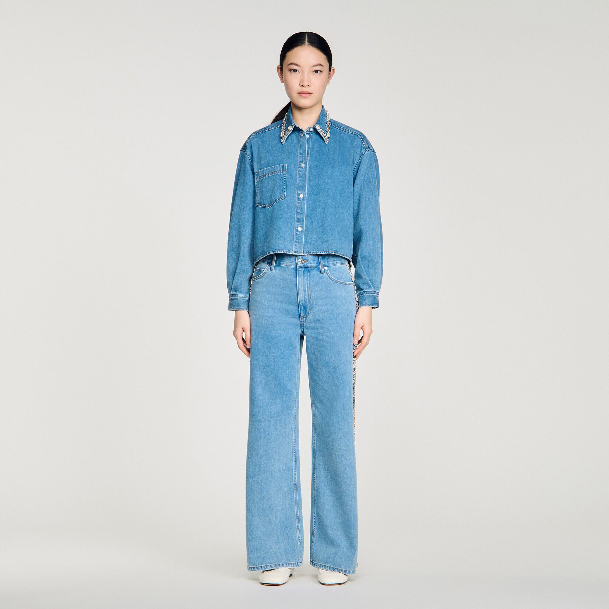 Denim shirt with rhinestones