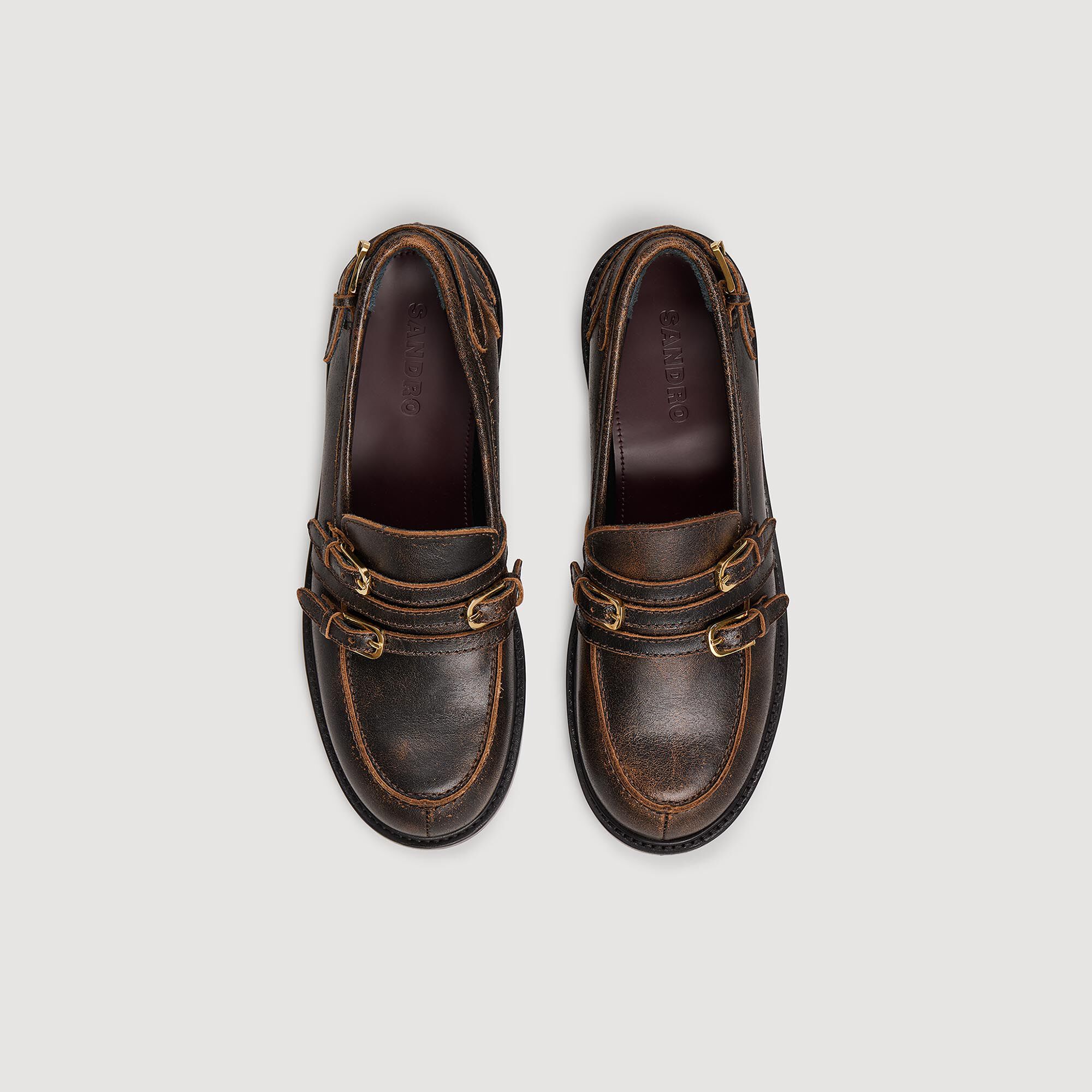 Distressed leather loafers brown For Women | Sandro Paris