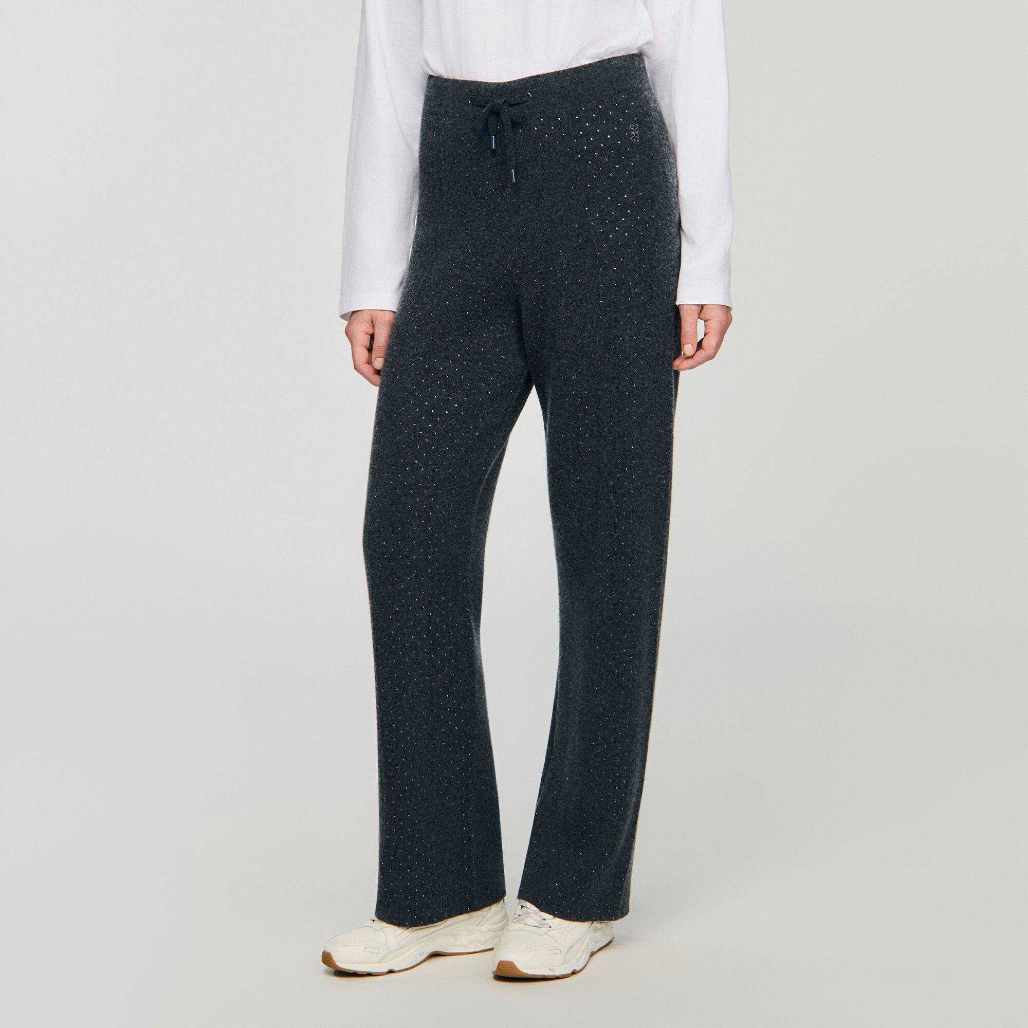 Knit rhinestone-covered trousers